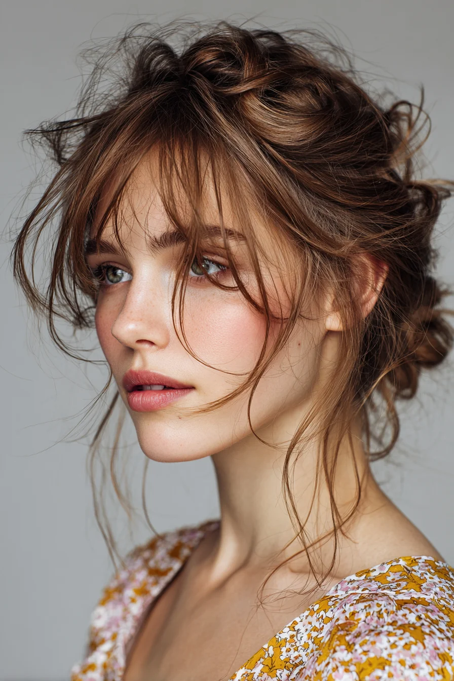 Textured Messy Updo with Wispy Face‑Framing Bangs