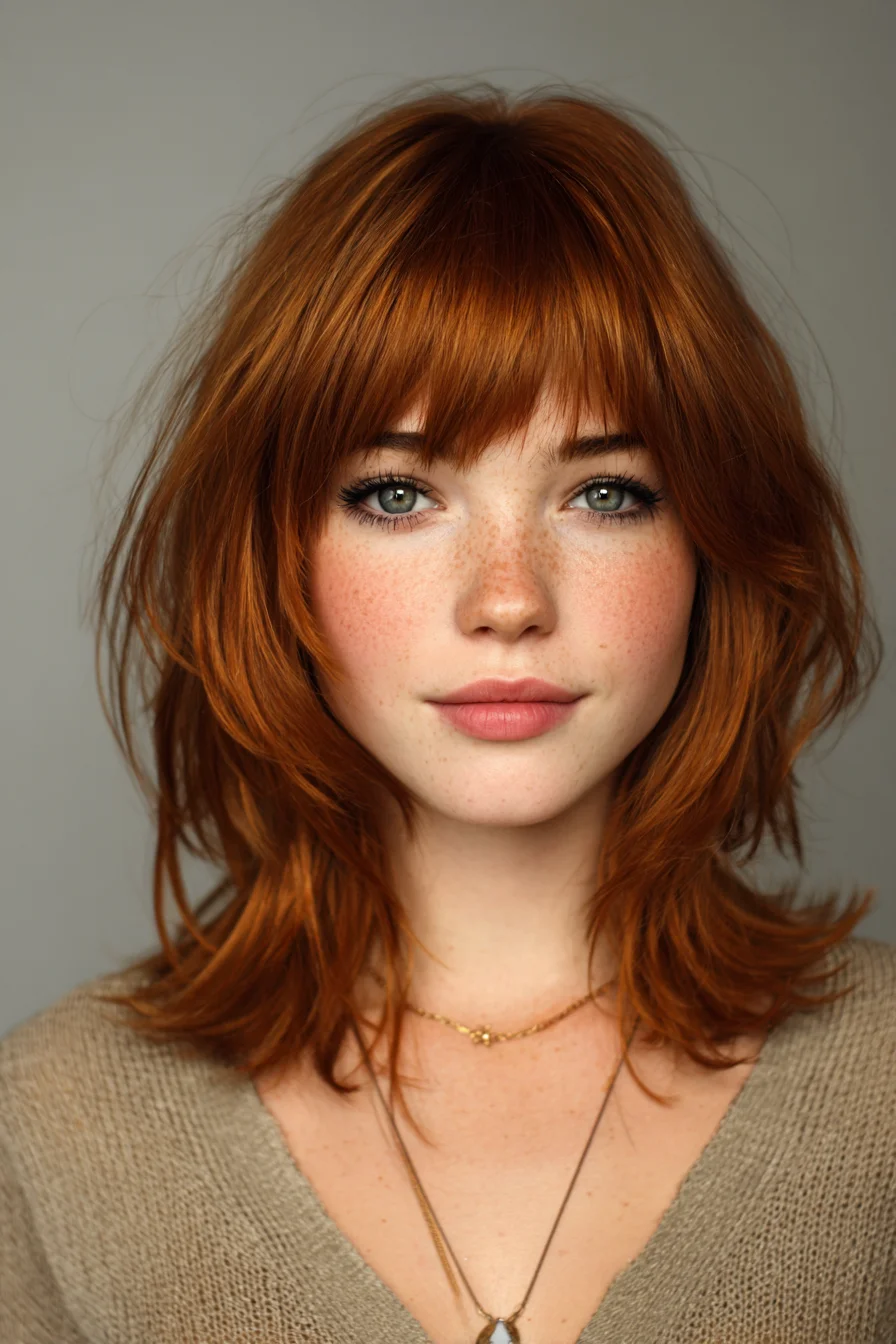 Textured Mid-Length Shag with Curtain Bangs and Feathered Layers