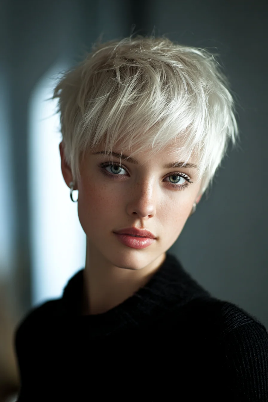 Textured Pixie Cut with Feathered Fringe (Platinum Blonde)