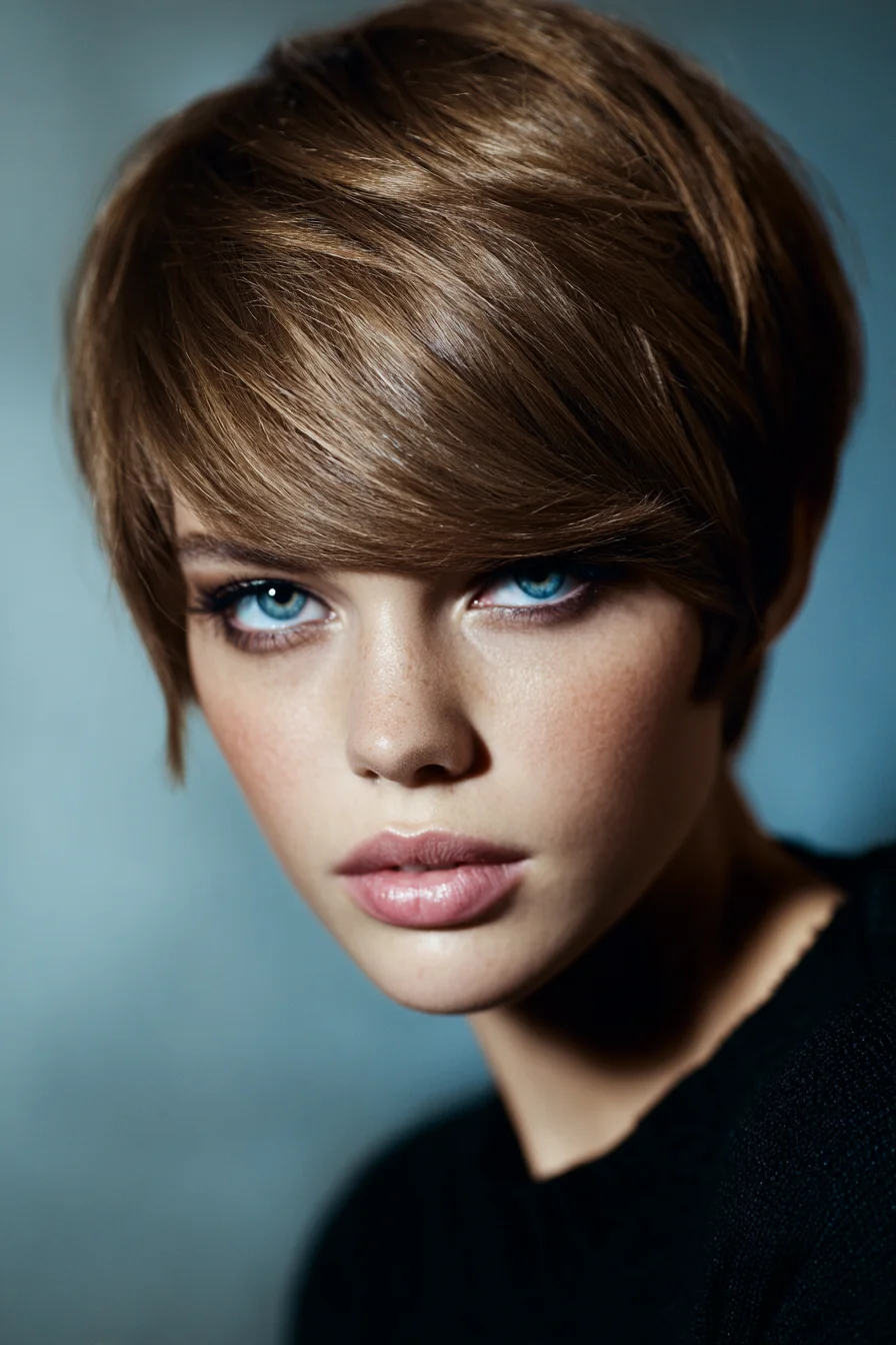 Textured Pixie Cut with Long Side‑Swept Fringe — Short, Sleek Style