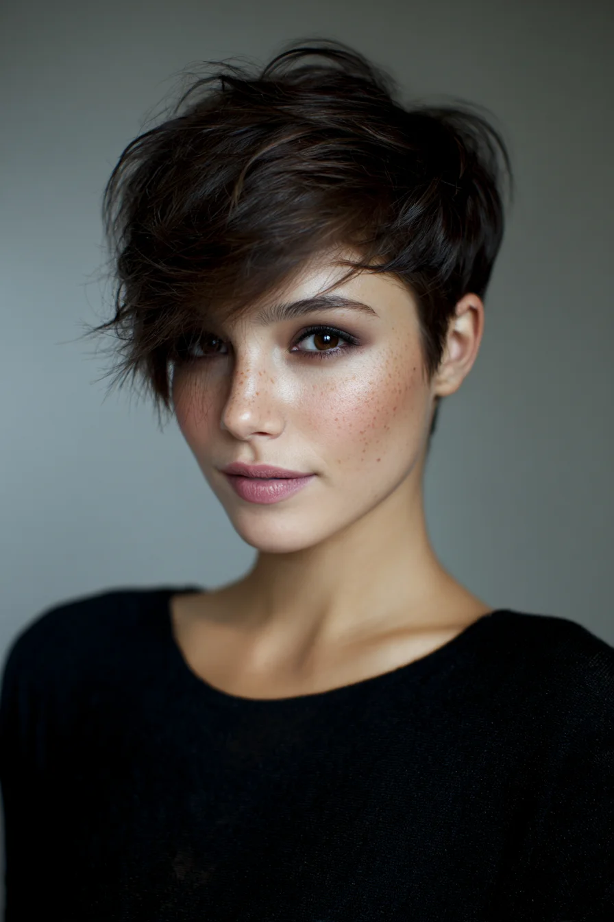 Textured Pixie Cut with Long Side‑Swept Fringe