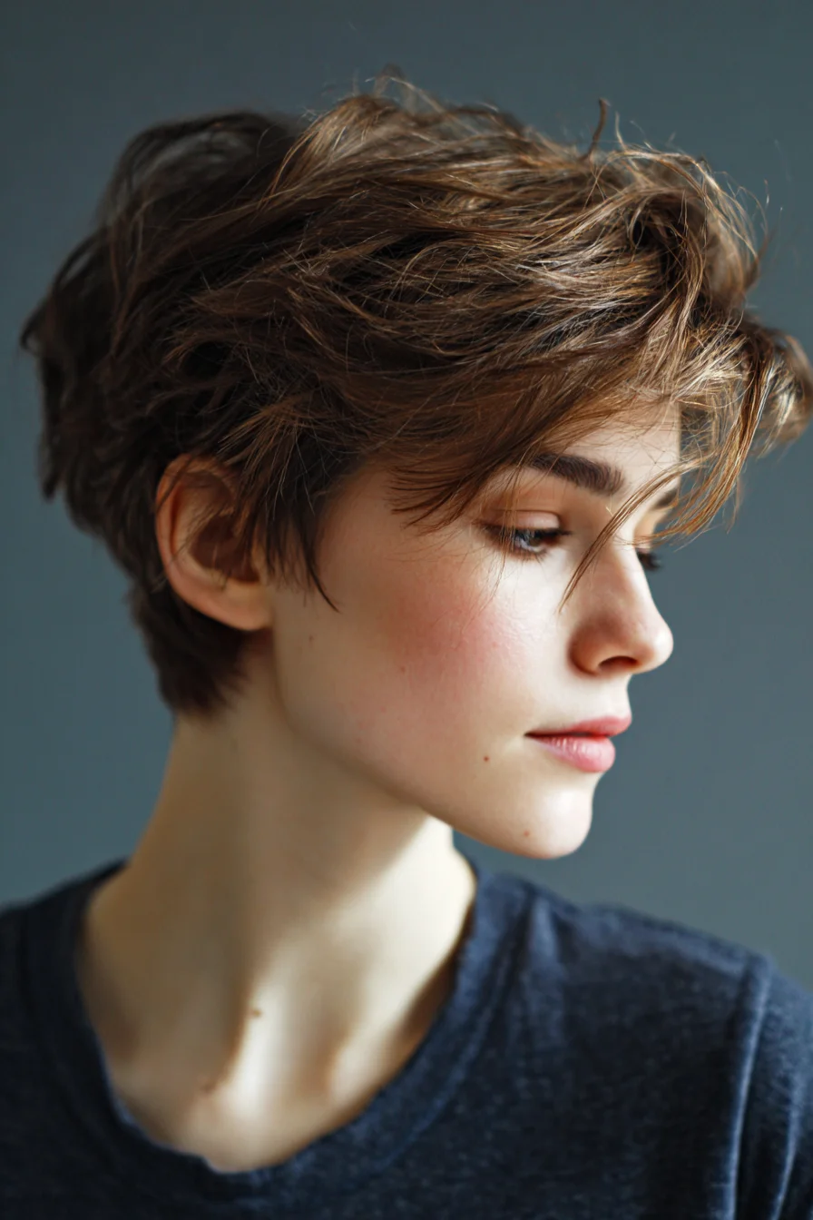 Textured Pixie Cut with Side‑Swept Fringe and Tapered Nape