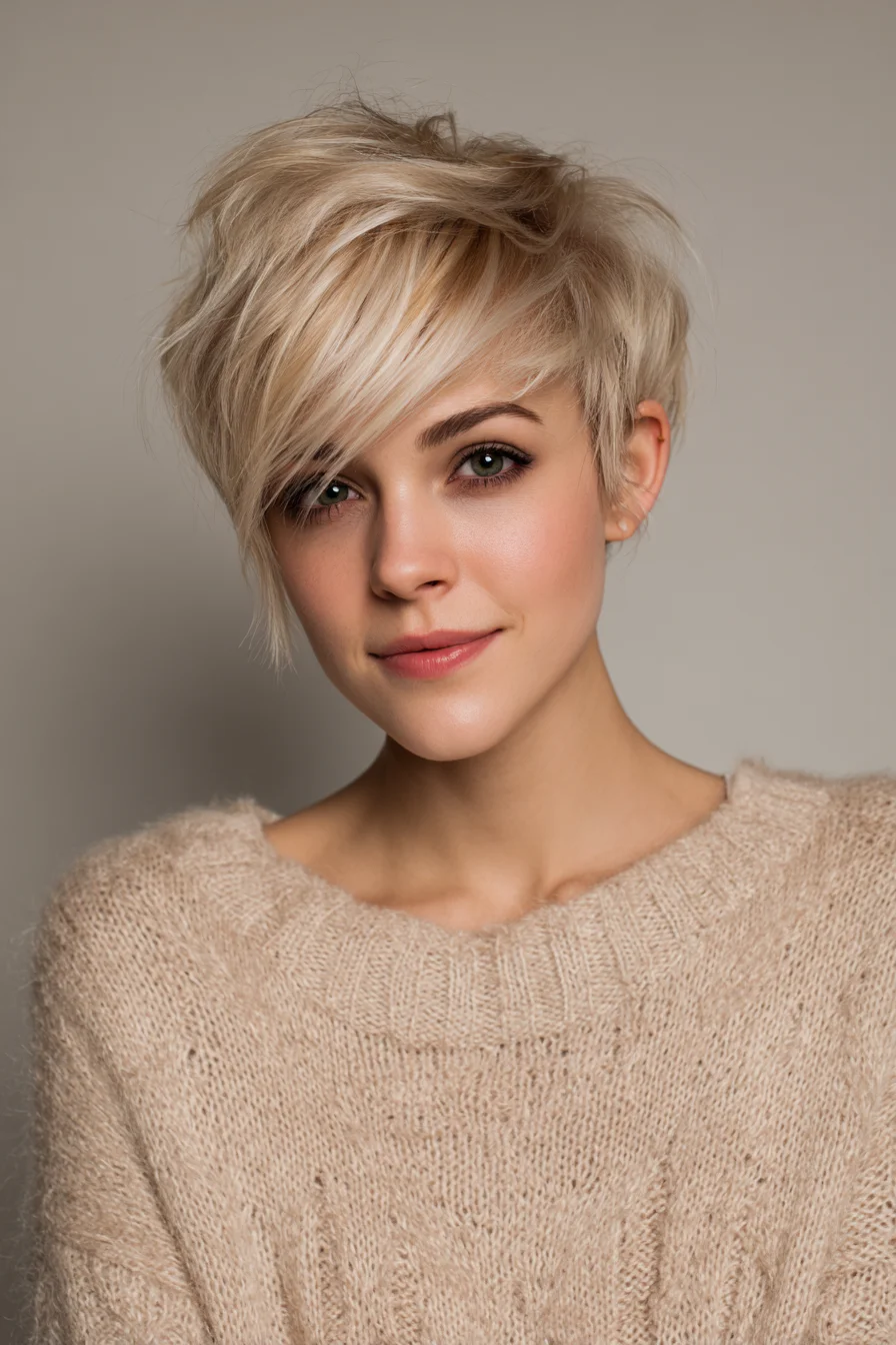 Textured Pixie Cut with Side‑Swept Fringe — Layered Short Blonde Style