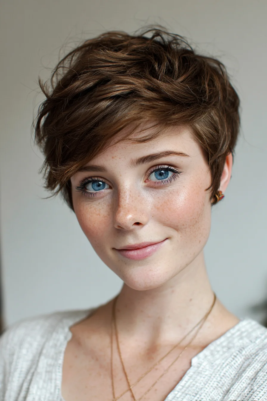 Textured Pixie Cut with Side‑Swept Fringe — Layered Short Hairstyle