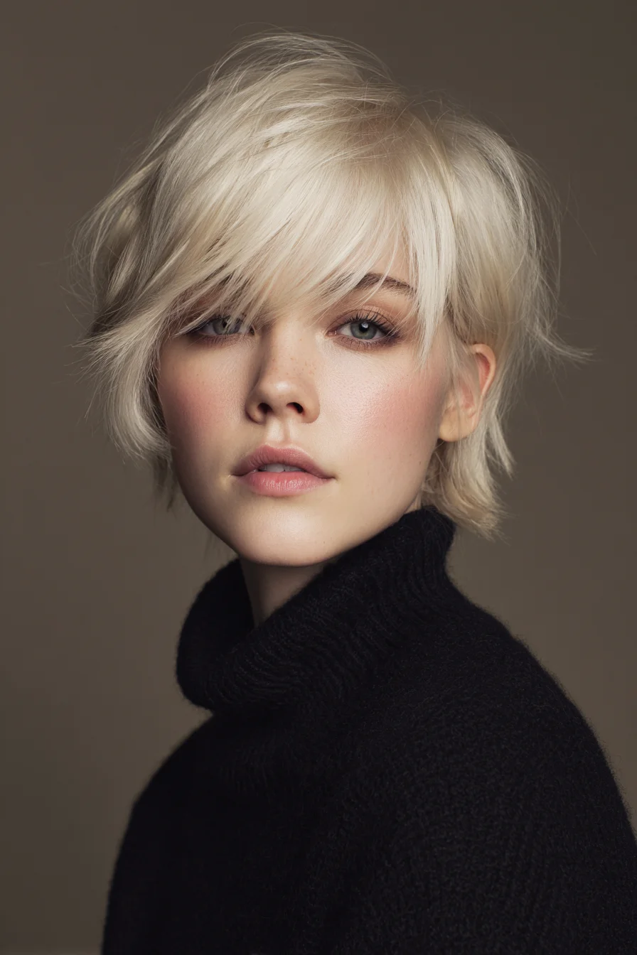Textured Platinum Blonde Pixie with Long Side‑Swept Fringe