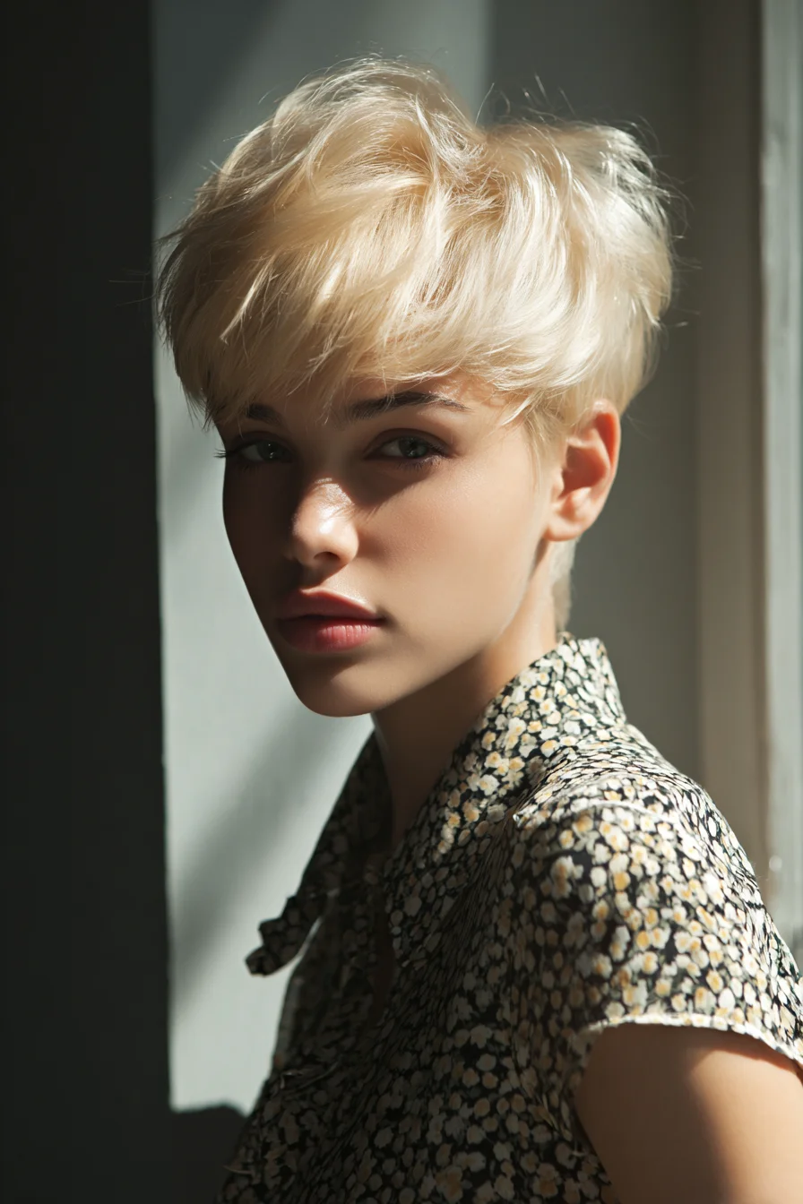 Textured Platinum Blonde Pixie with Soft Fringe