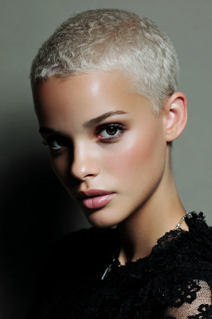 Textured Platinum Buzz Cut — Short Cropped Buzz for Fine to Medium Hair
