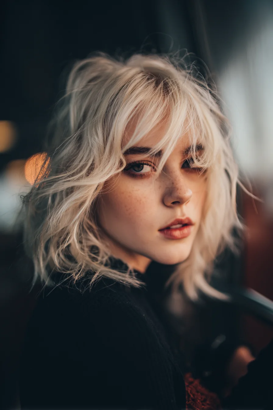 Textured Platinum Lob with Curtain Bangs and Choppy Layers