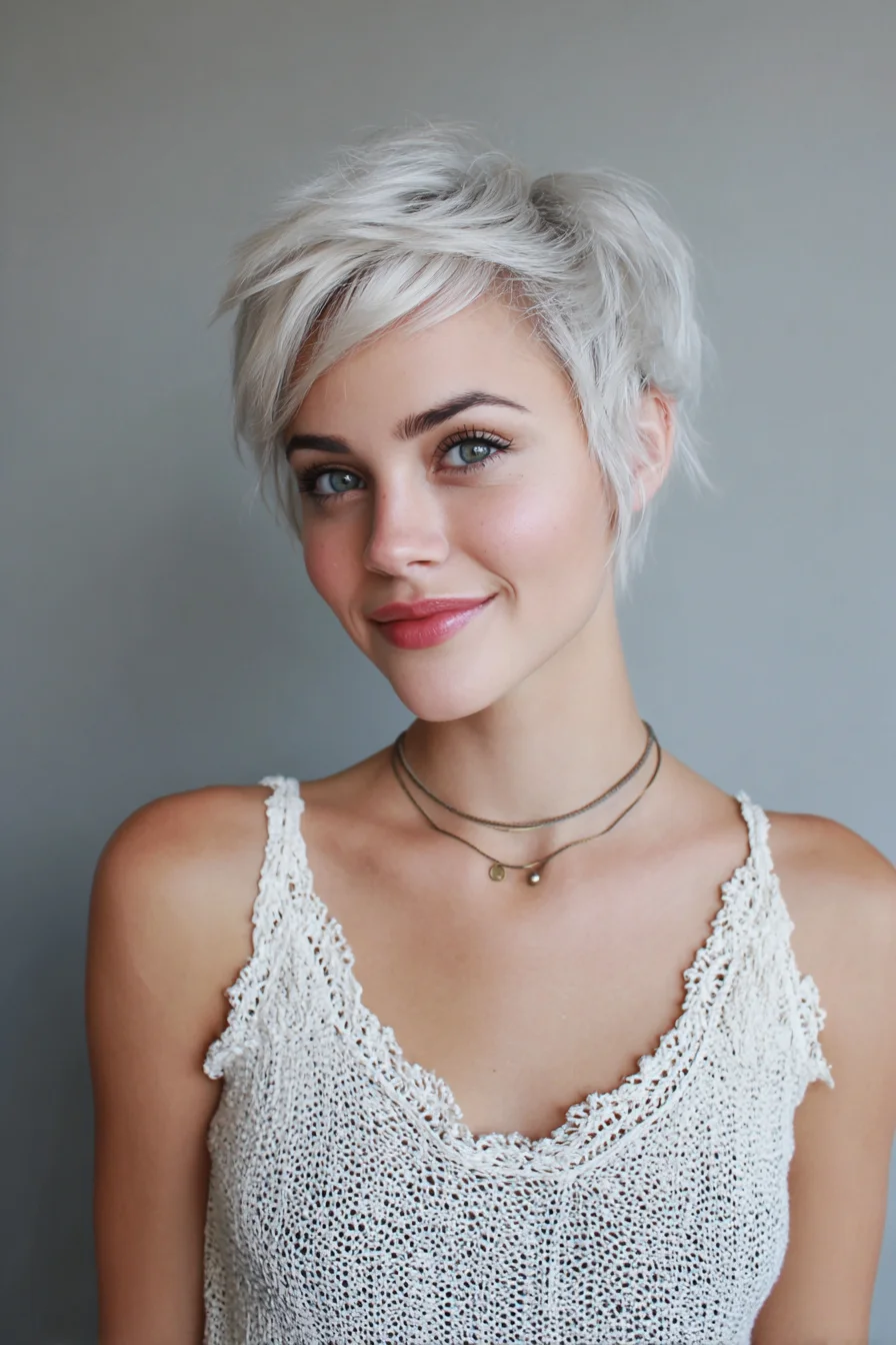 Textured Platinum Pixie Cut with Side‑Swept Fringe