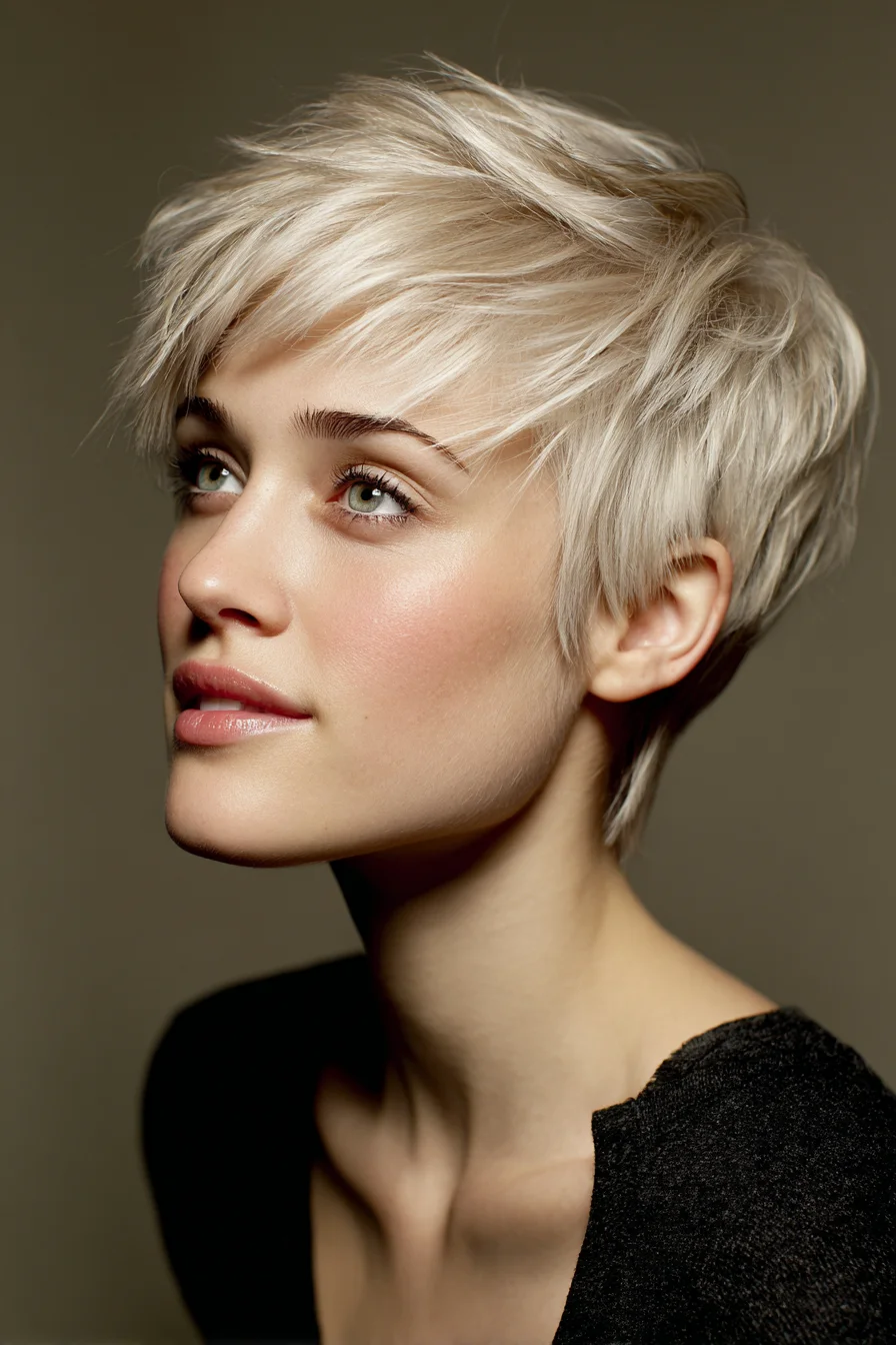 Textured Platinum Pixie with Long Fringe and Tapered Nape