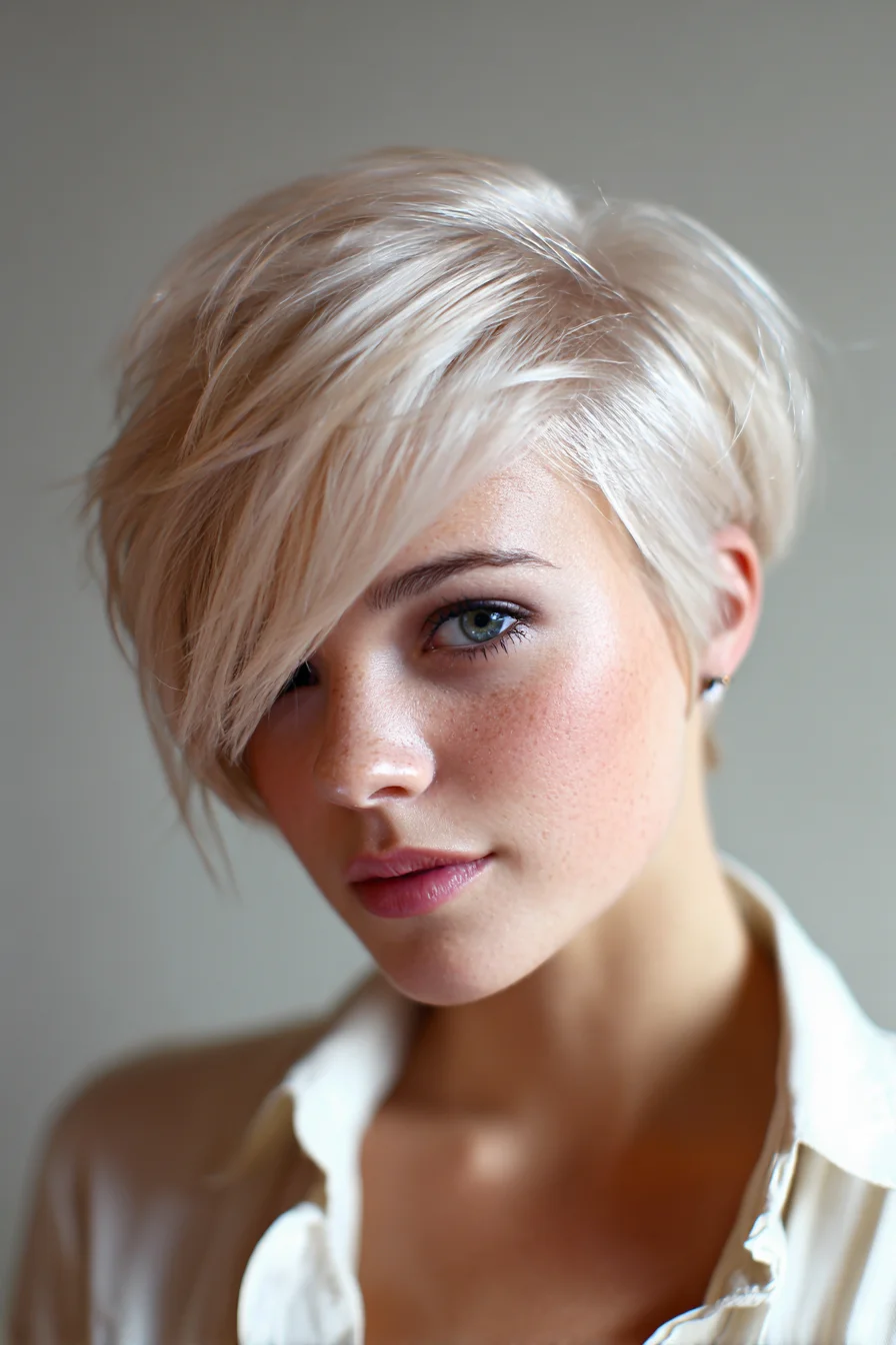Textured Platinum Pixie with Long Side‑Swept Fringe