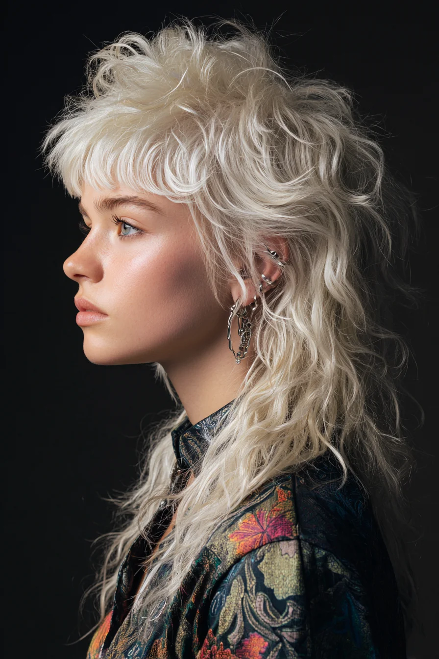 Textured Platinum Shag Mullet with Wispy Micro Fringe