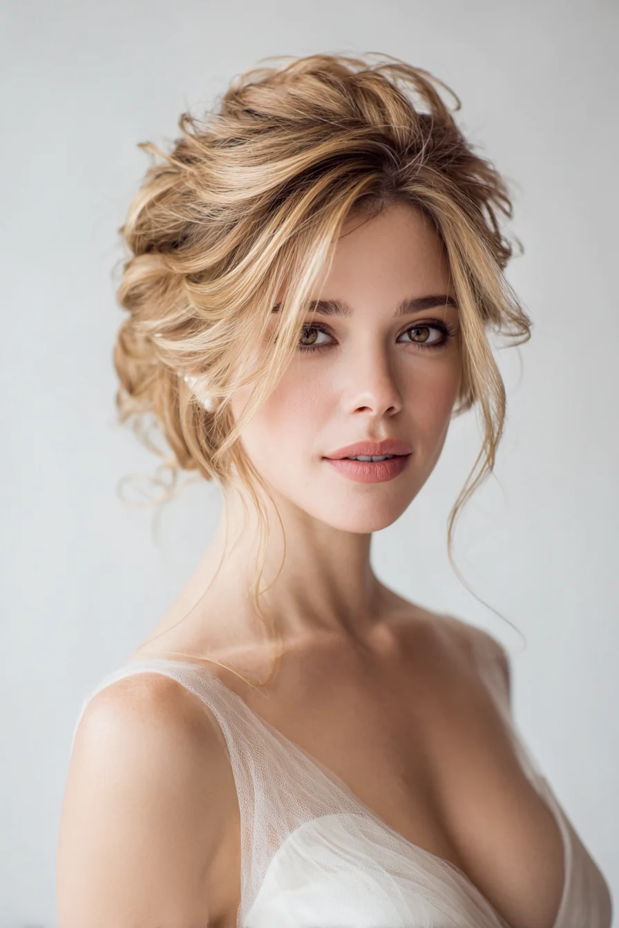 Textured Romantic Bridal Updo with Face‑Framing Tendrils