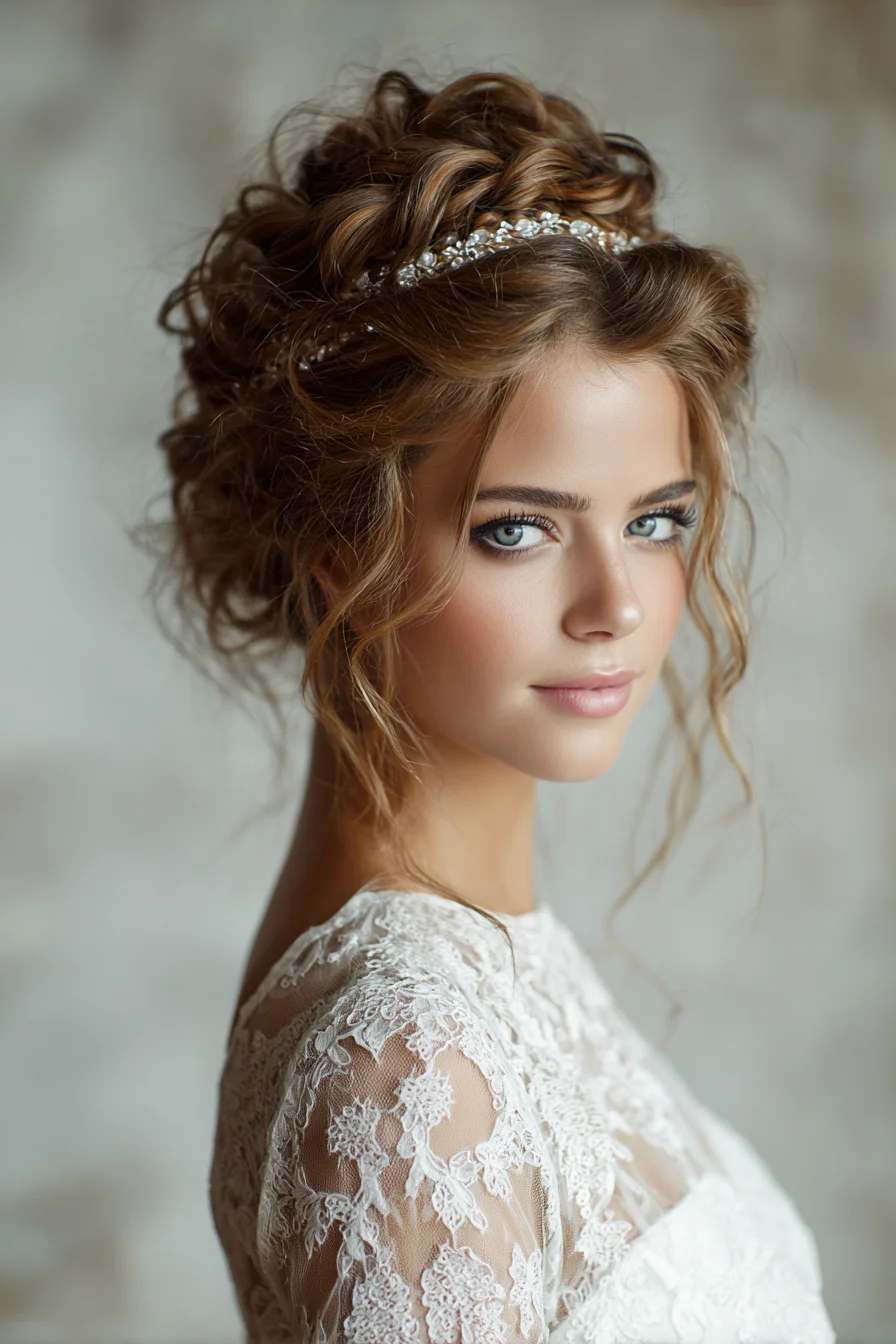 Textured Romantic Bridal Updo with Loose Tendrils and Jeweled Headband