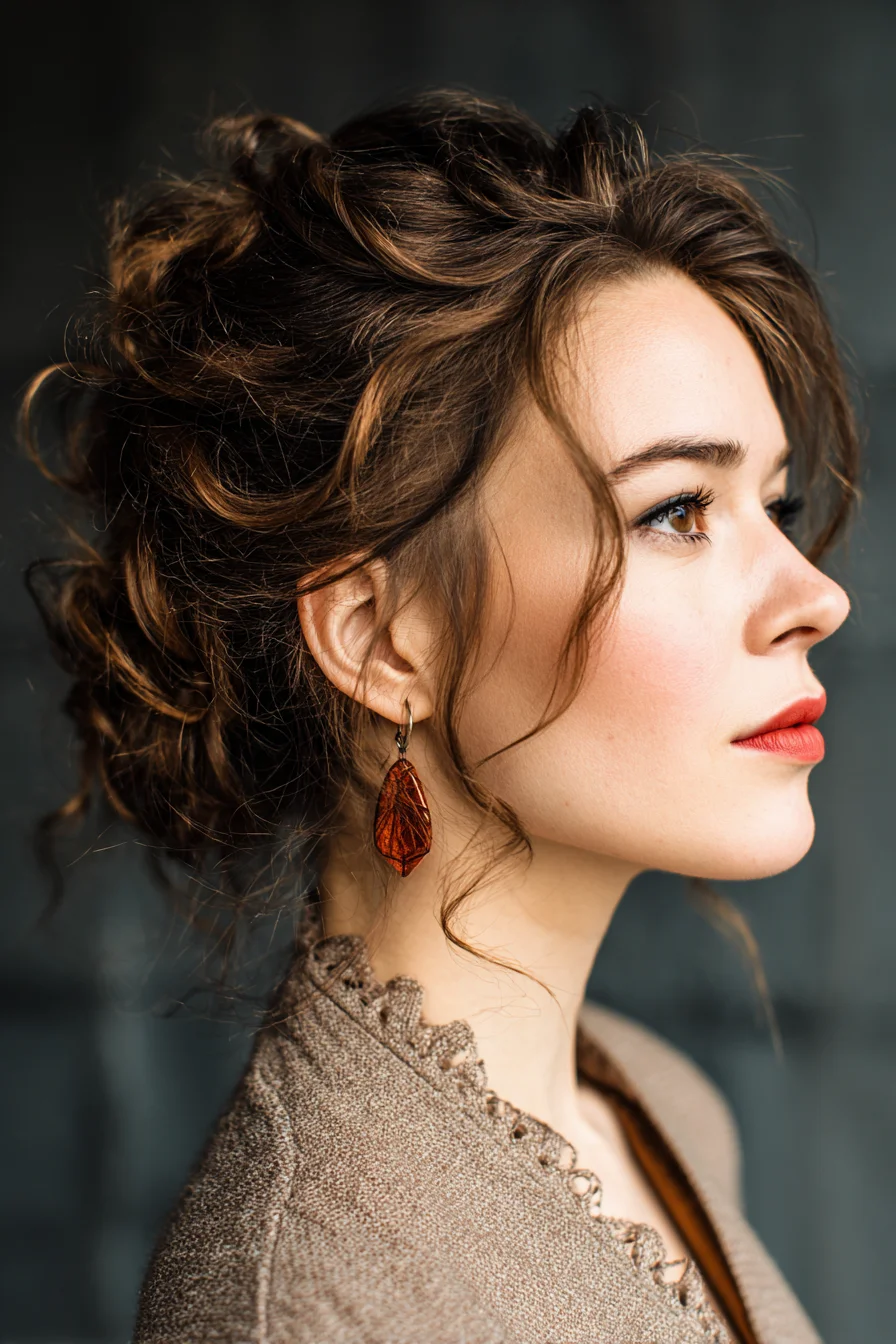 Textured Romantic Curly Updo with Face‑Framing Tendrils