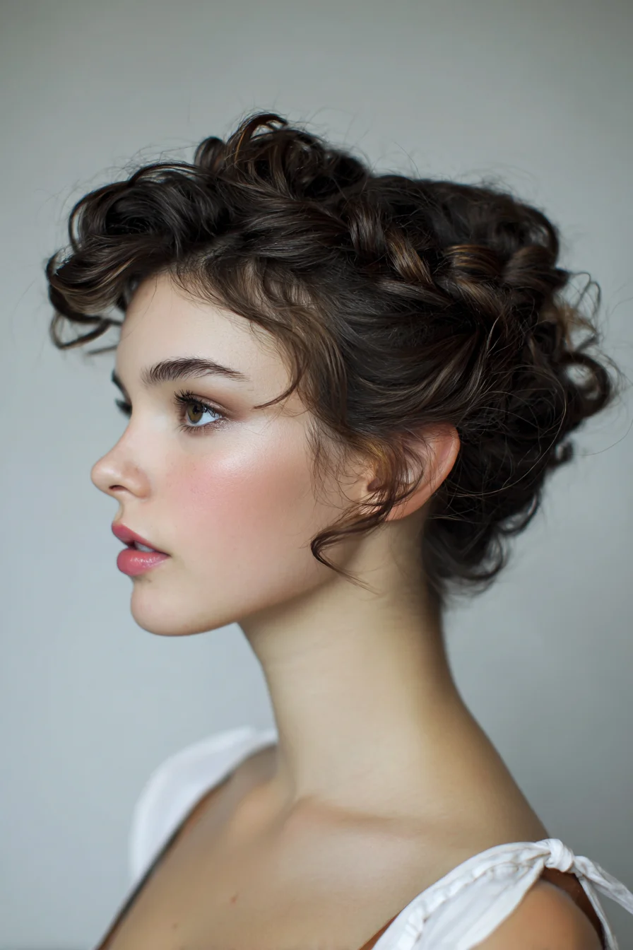 Textured Romantic Curly Updo with Face‑Framing Tendrils