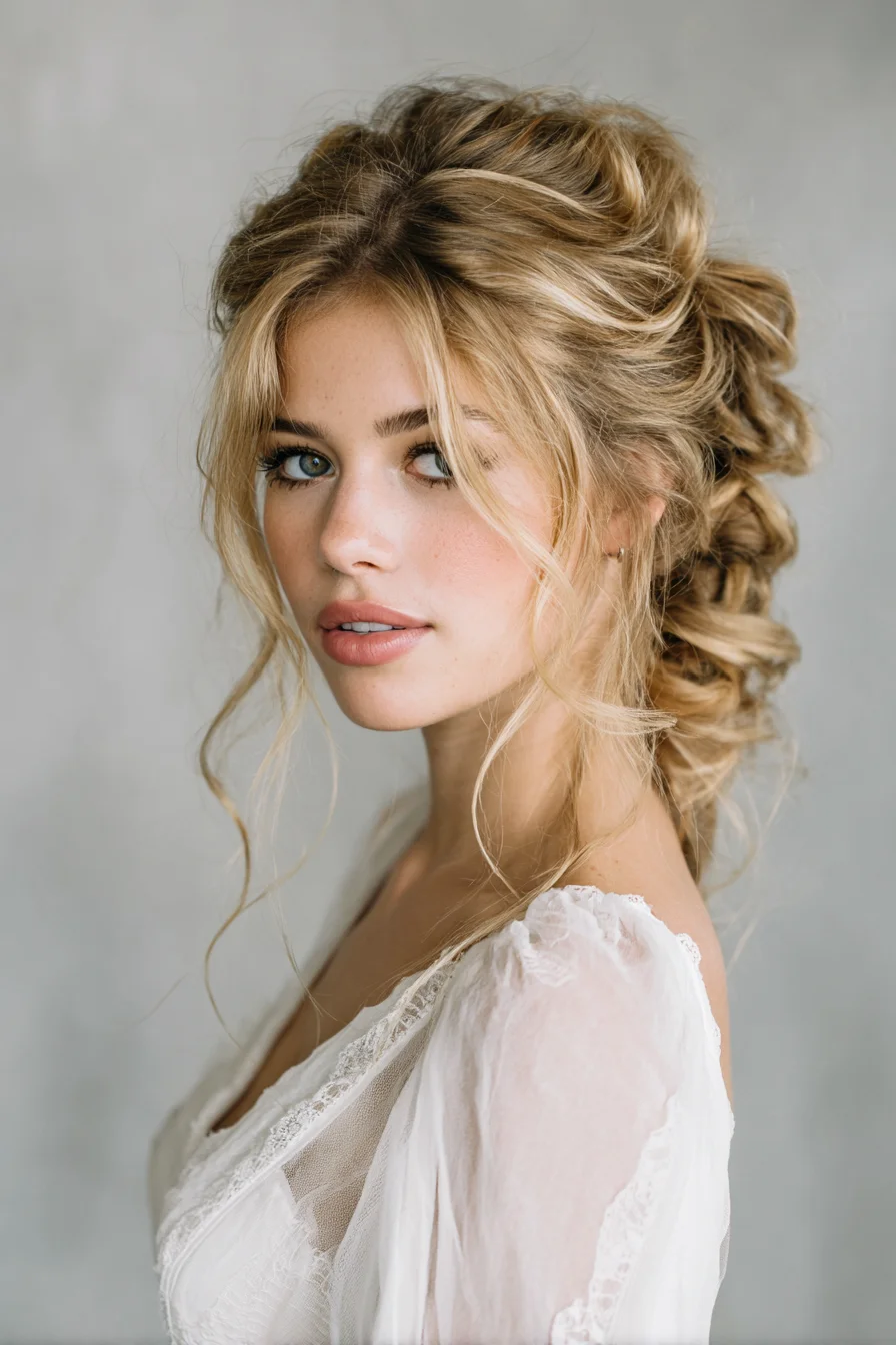 Textured Romantic Loose Updo with Face-Framing Tendrils