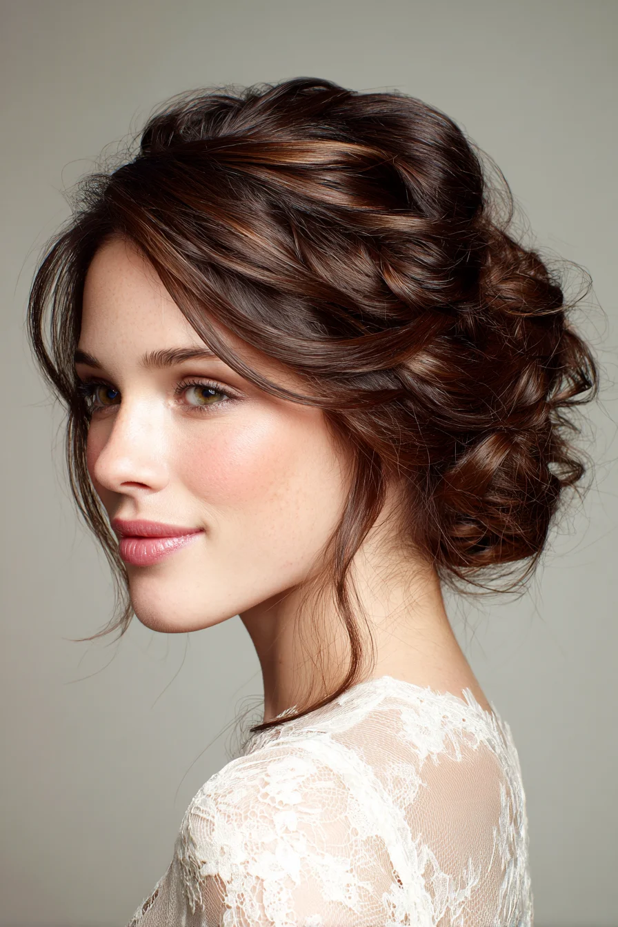 Textured Romantic Low Chignon with Face‑Framing Tendrils
