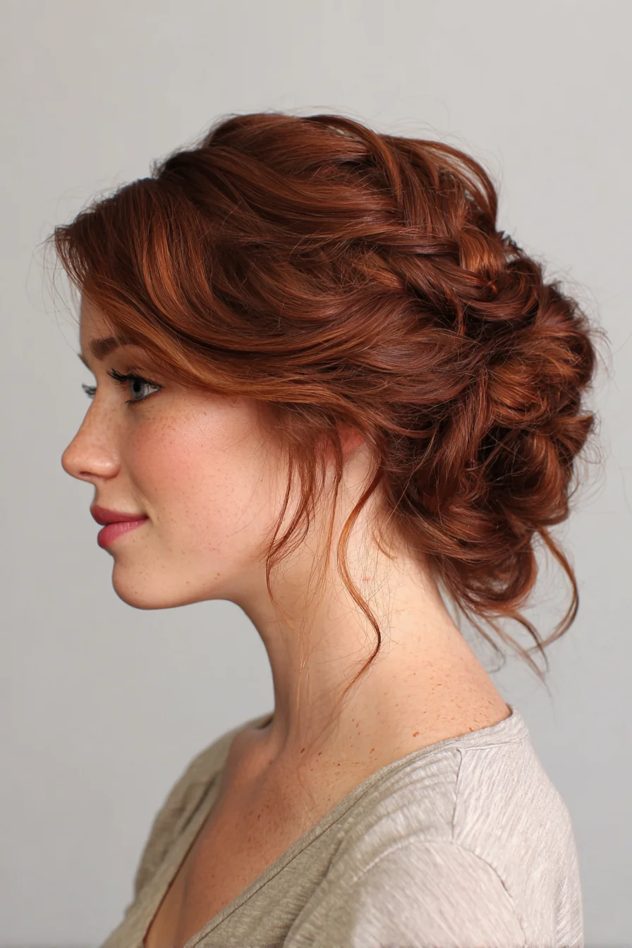 Textured Romantic Low Updo with Face‑Framing Pieces — Braided Twist Style