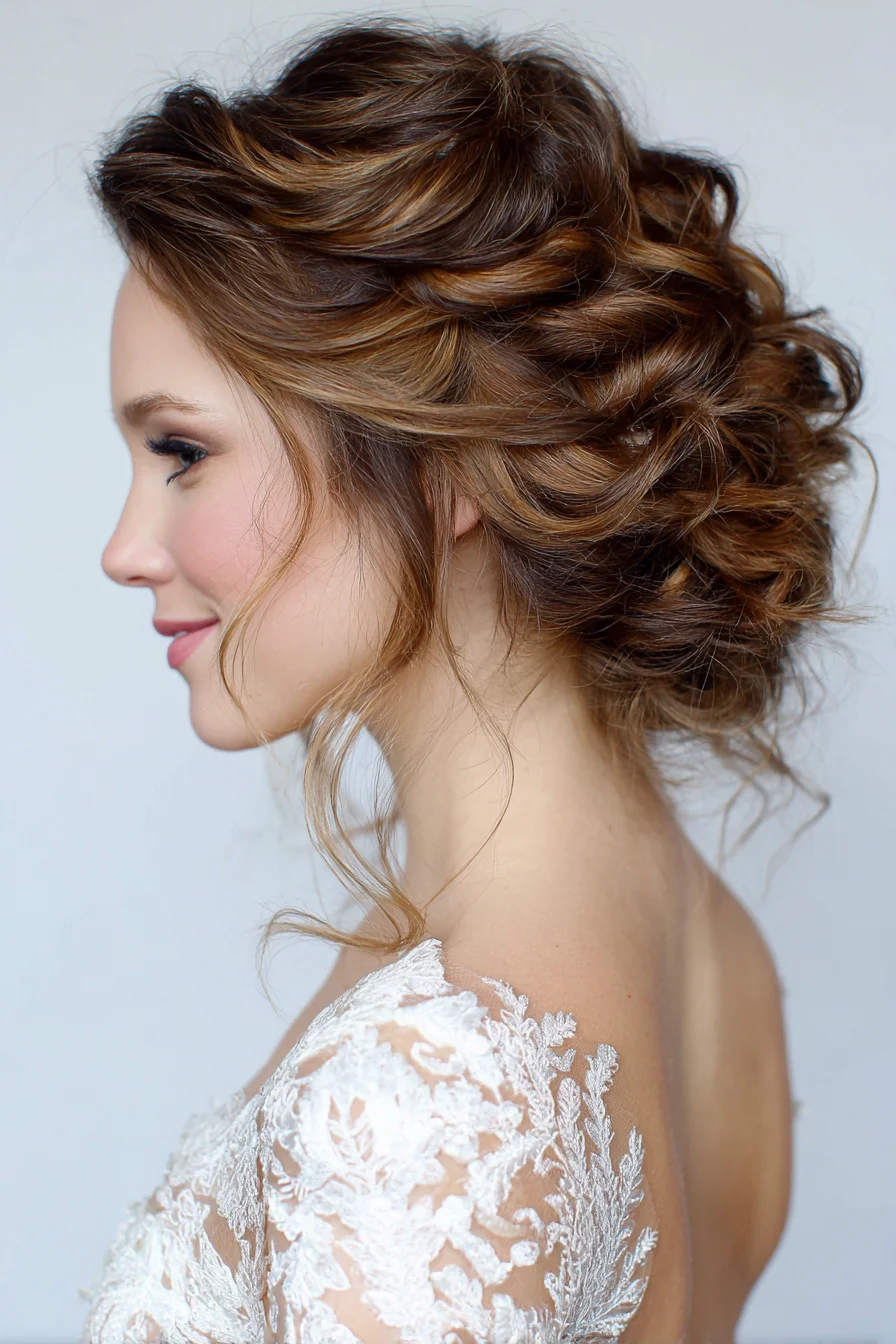 Textured Romantic Low Updo with Face-Framing Tendrils