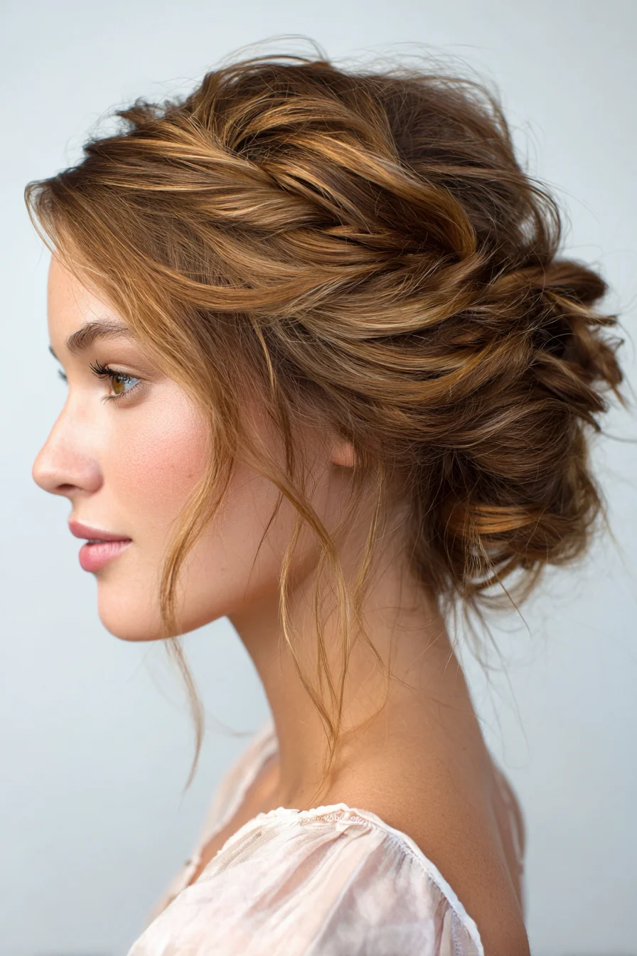 Textured Romantic Low Updo with Face‑Framing Tendrils