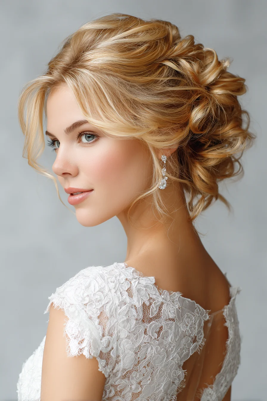 Textured Romantic Low Updo with Face‑Framing Tendrils