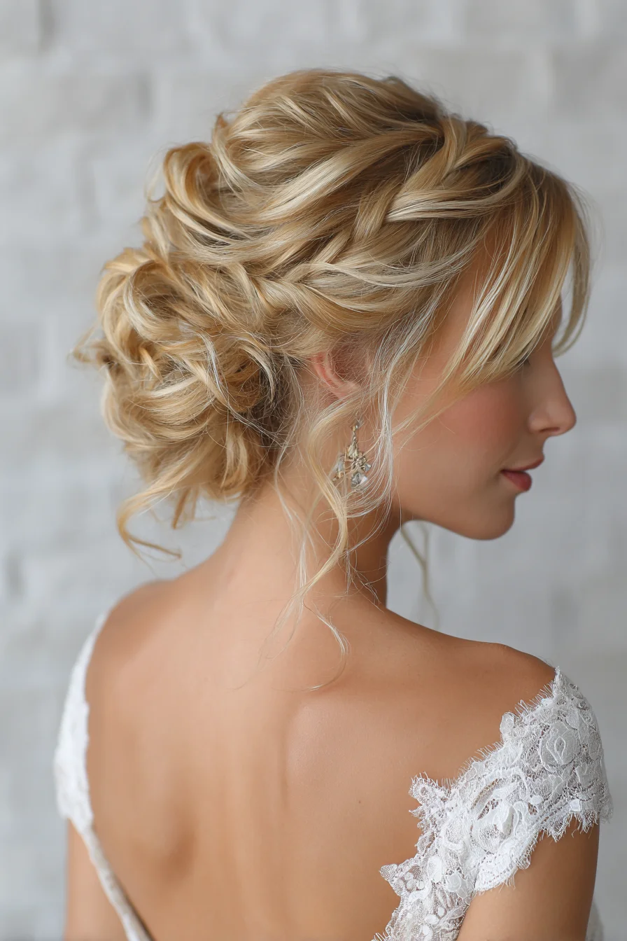 Textured Romantic Low Updo with Loose Curls and Face‑Framing Tendrils