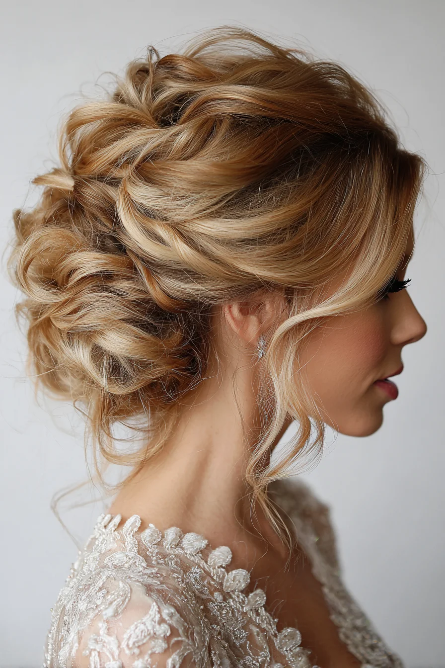Textured Romantic Low Updo with Loose Curls and Face‑Framing Tendrils
