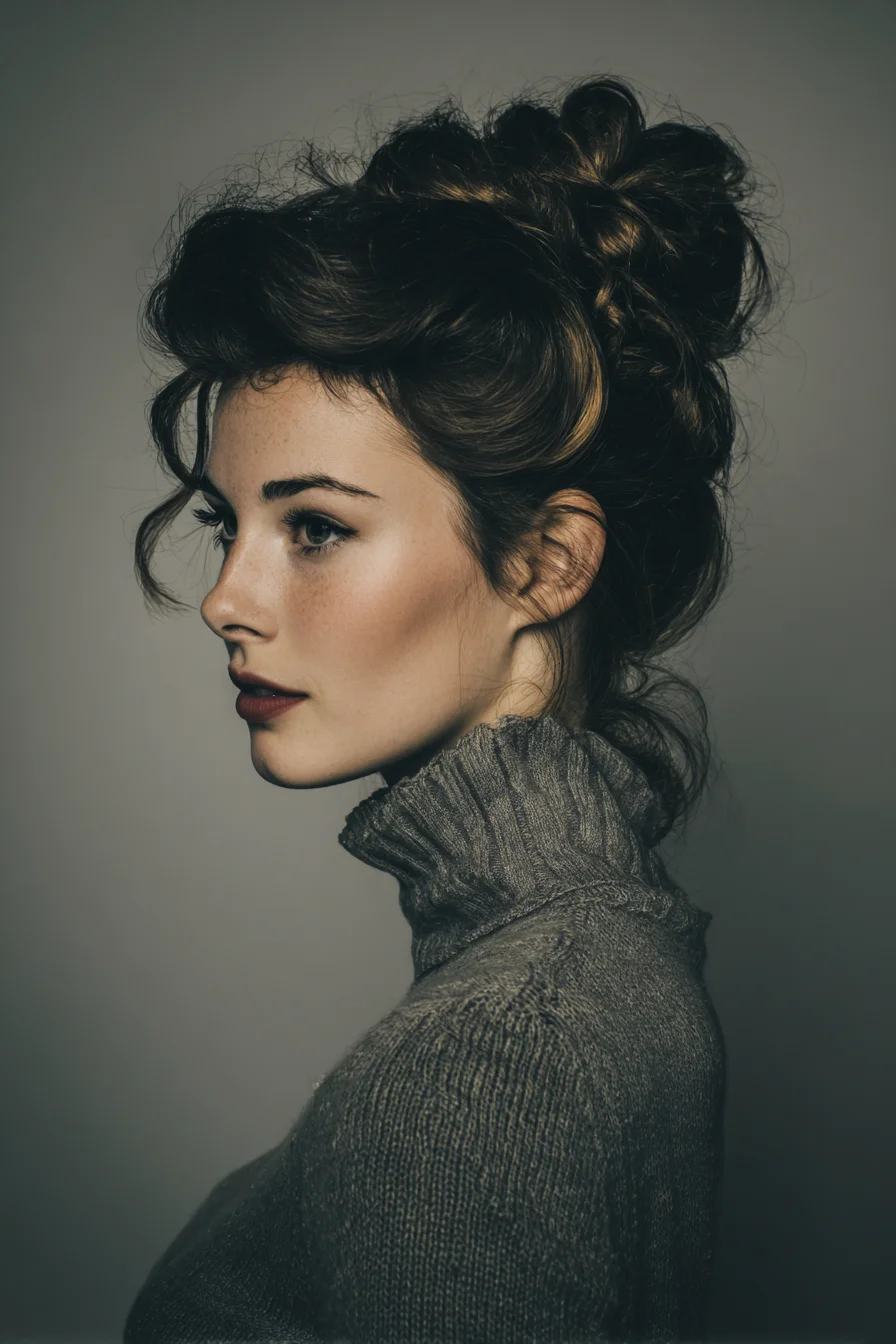 Textured Romantic Messy Bun Updo with Face‑Framing Tendrils