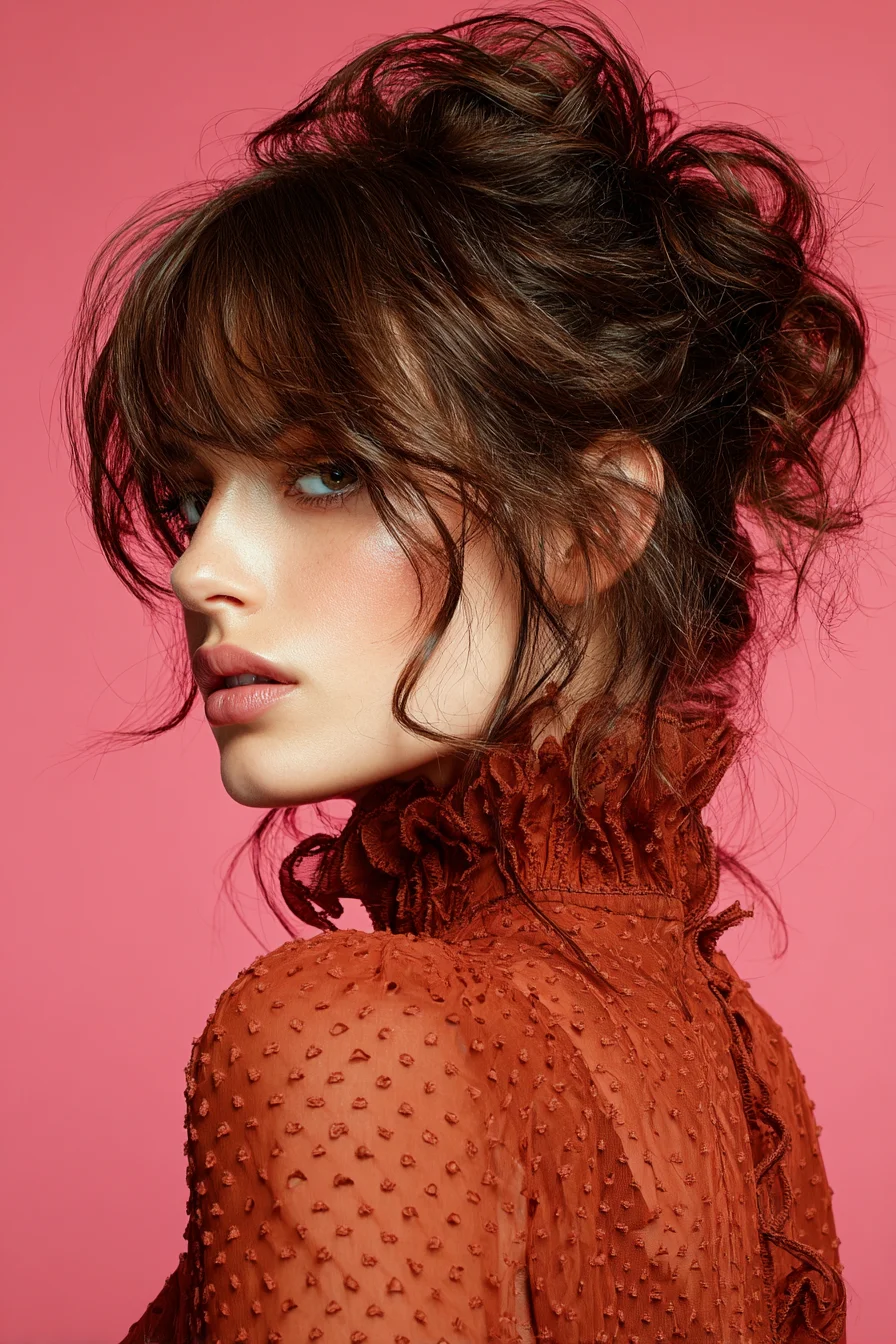 Textured Romantic Messy Updo with Curtain Bangs