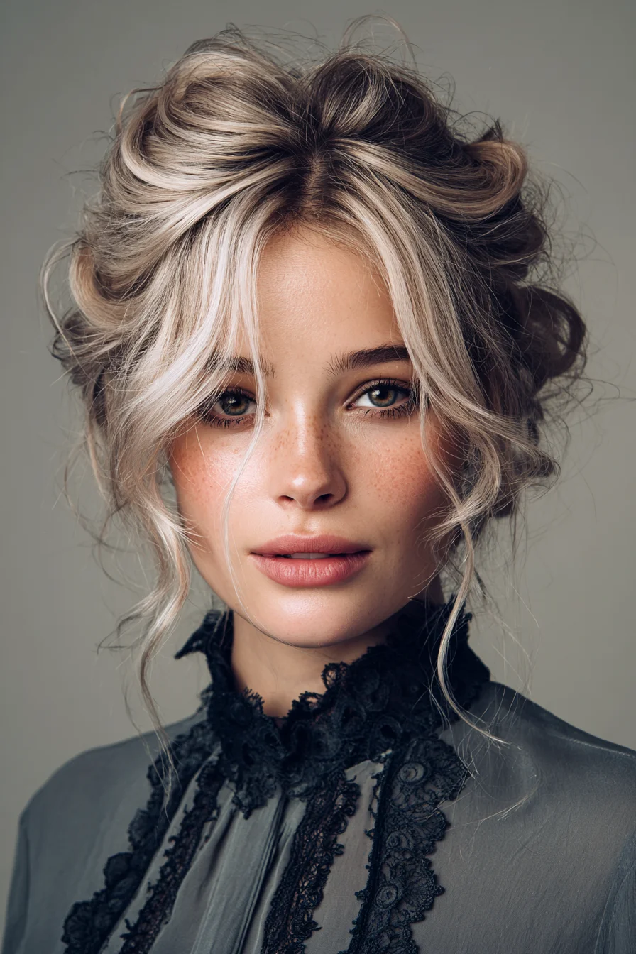 Textured Romantic Messy Updo with Face‑Framing Curtain Pieces