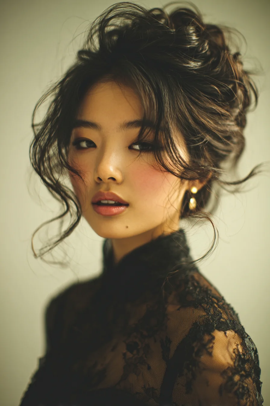 Textured Romantic Messy Updo with Face‑Framing Tendrils