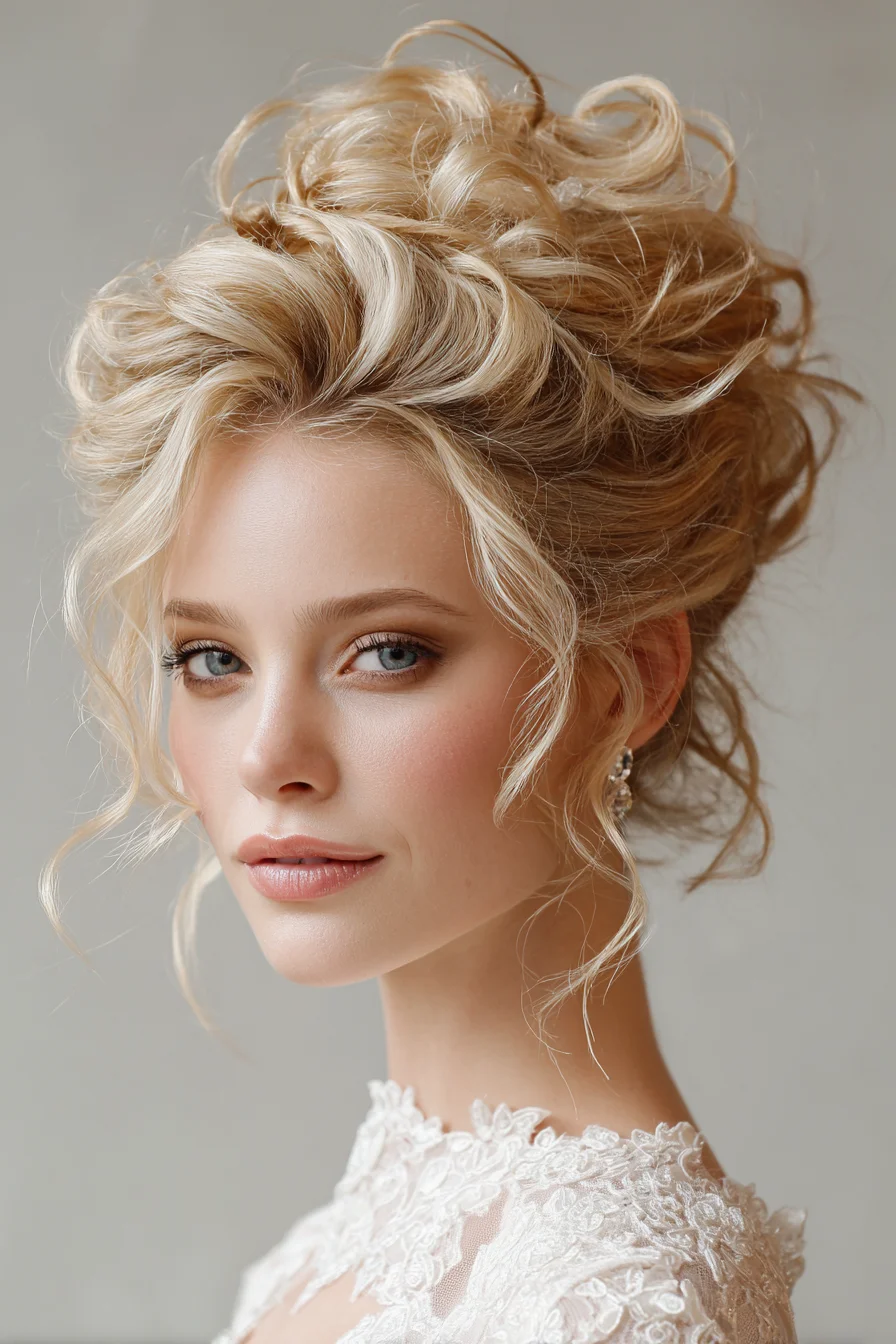 Textured Romantic Messy Updo with Face‑Framing Tendrils