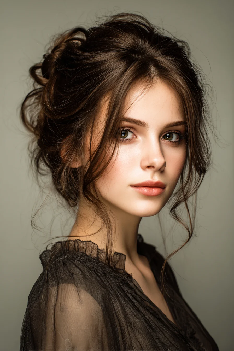 Textured Romantic Messy Updo with Face‑Framing Tendrils 75