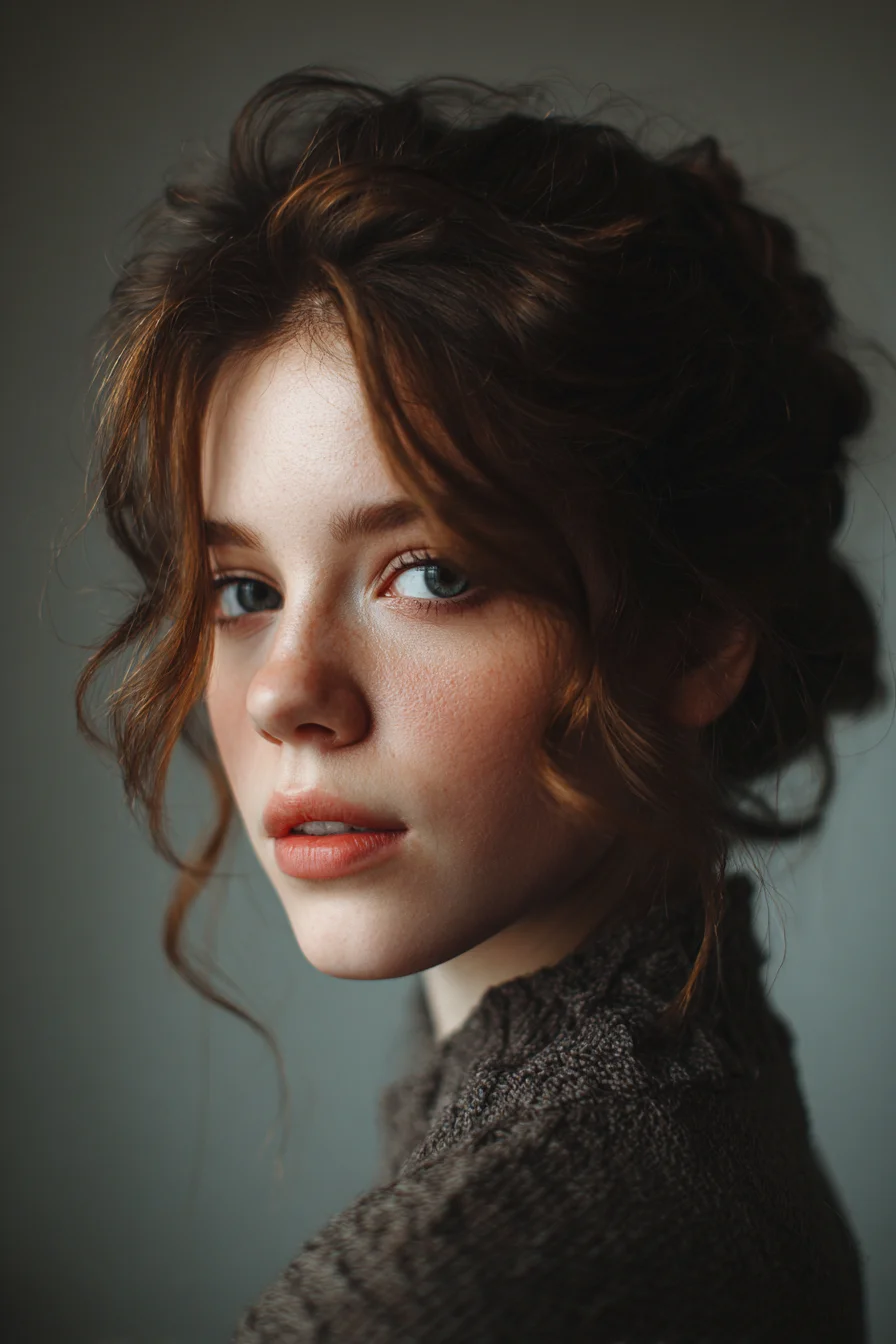 Textured Romantic Messy Updo with Face‑Framing Tendrils