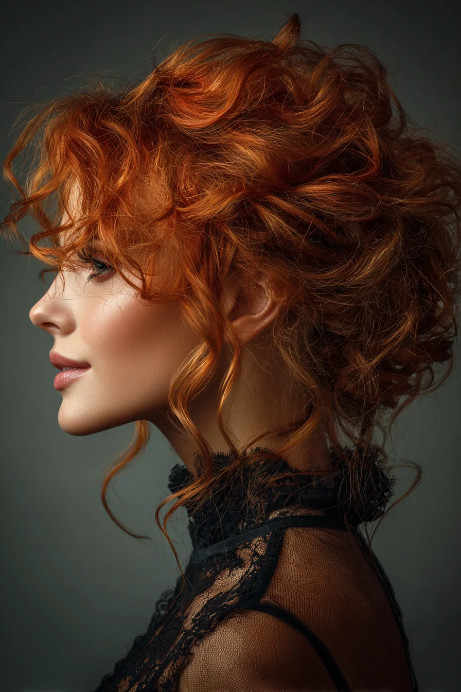 Textured Romantic Red Curly Updo with Face‑Framing Tendrils