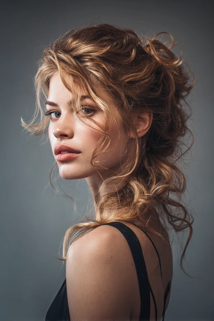 Textured Romantic Updo with Loose Face‑Framing Tendrils
