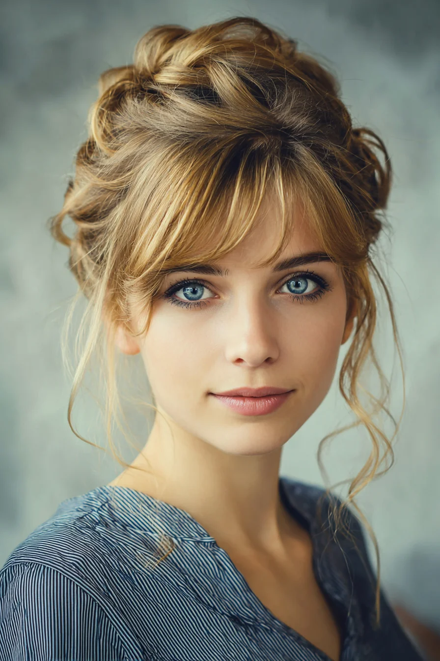 Textured Romantic Updo with Soft Curtain Bangs