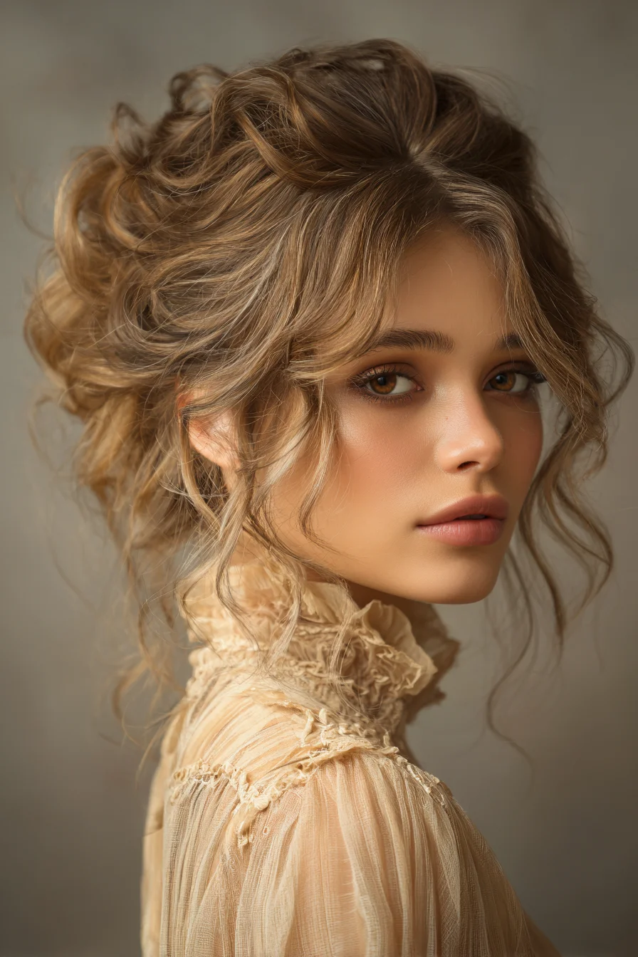 Textured Romantic Updo with Soft Face‑Framing Tendrils