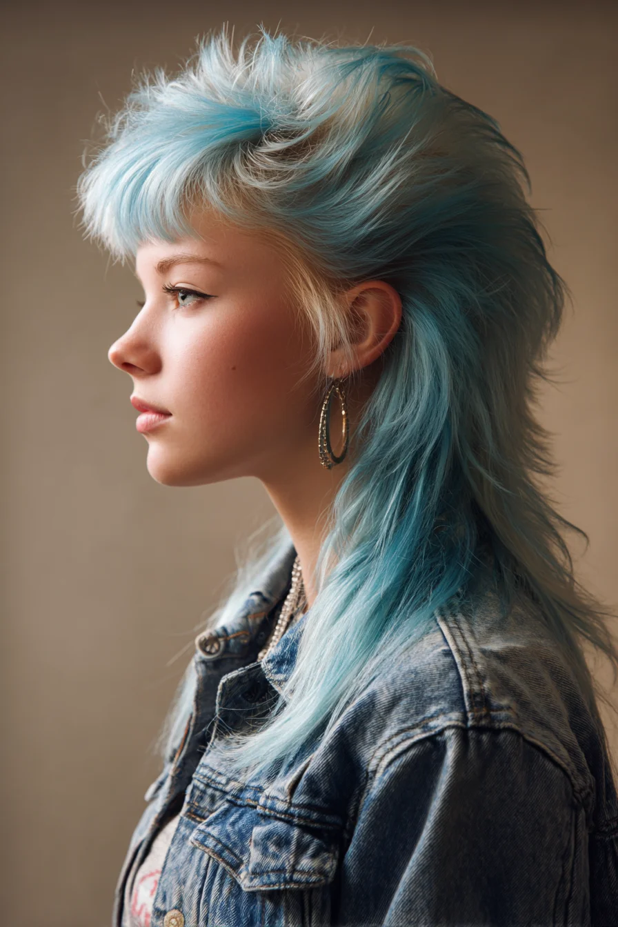 Textured Shag Mullet with Feathered Blue Layers and Short Fringe