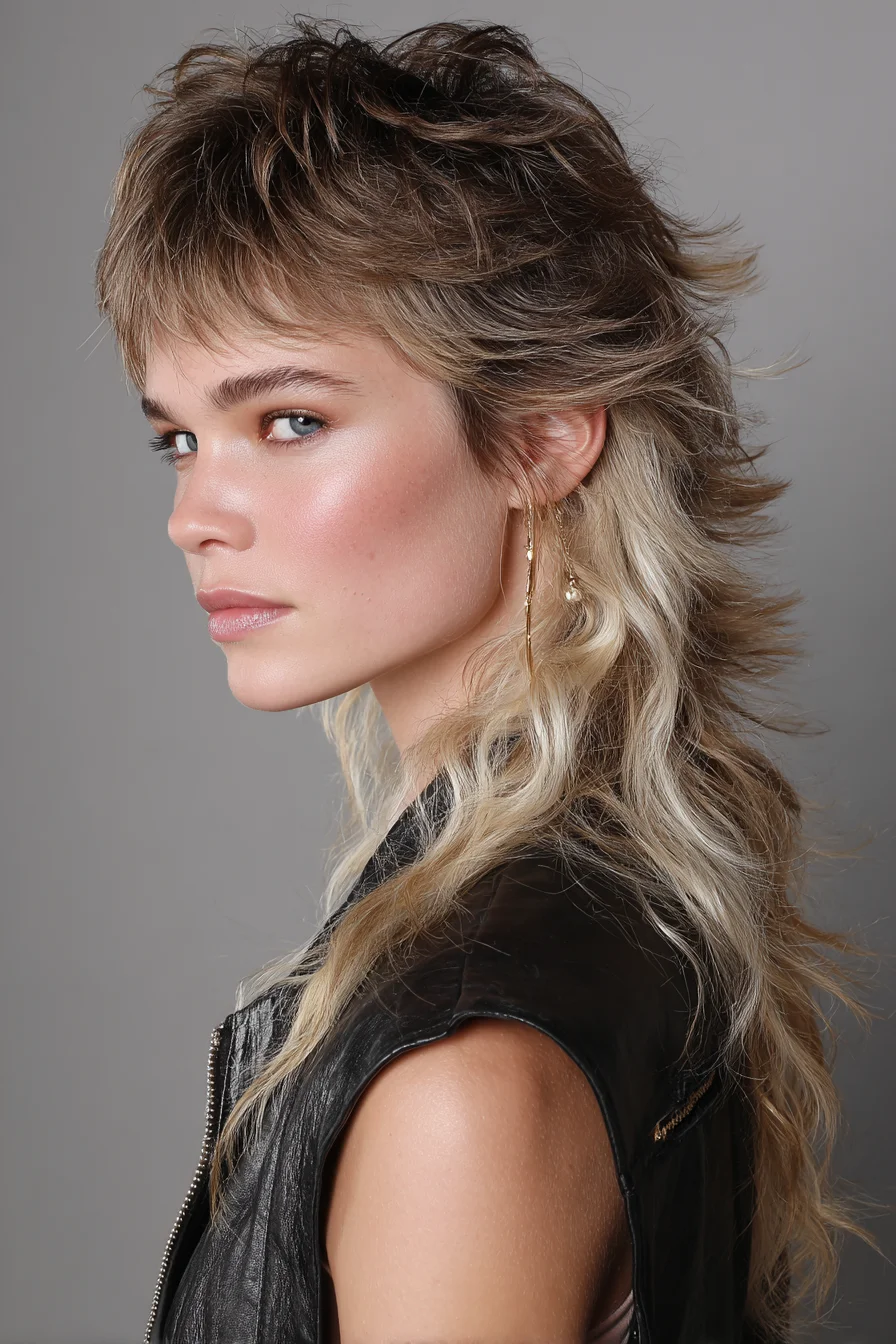 Textured Shag Mullet with Feathered Layers and Short Fringe
