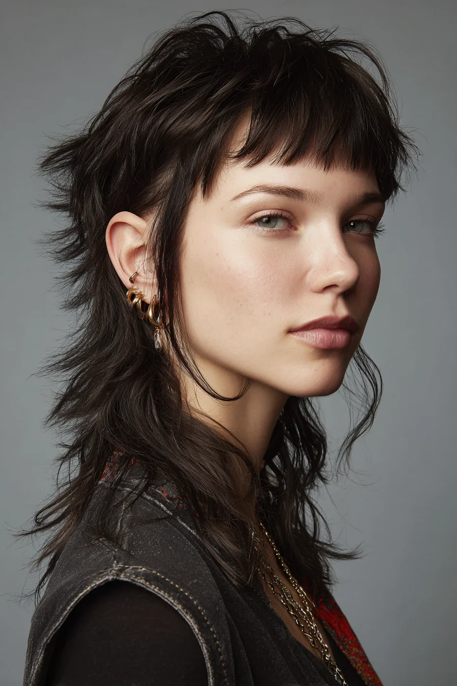 Textured Shag Mullet with Micro Bangs — Choppy Layers & Tousled Finish