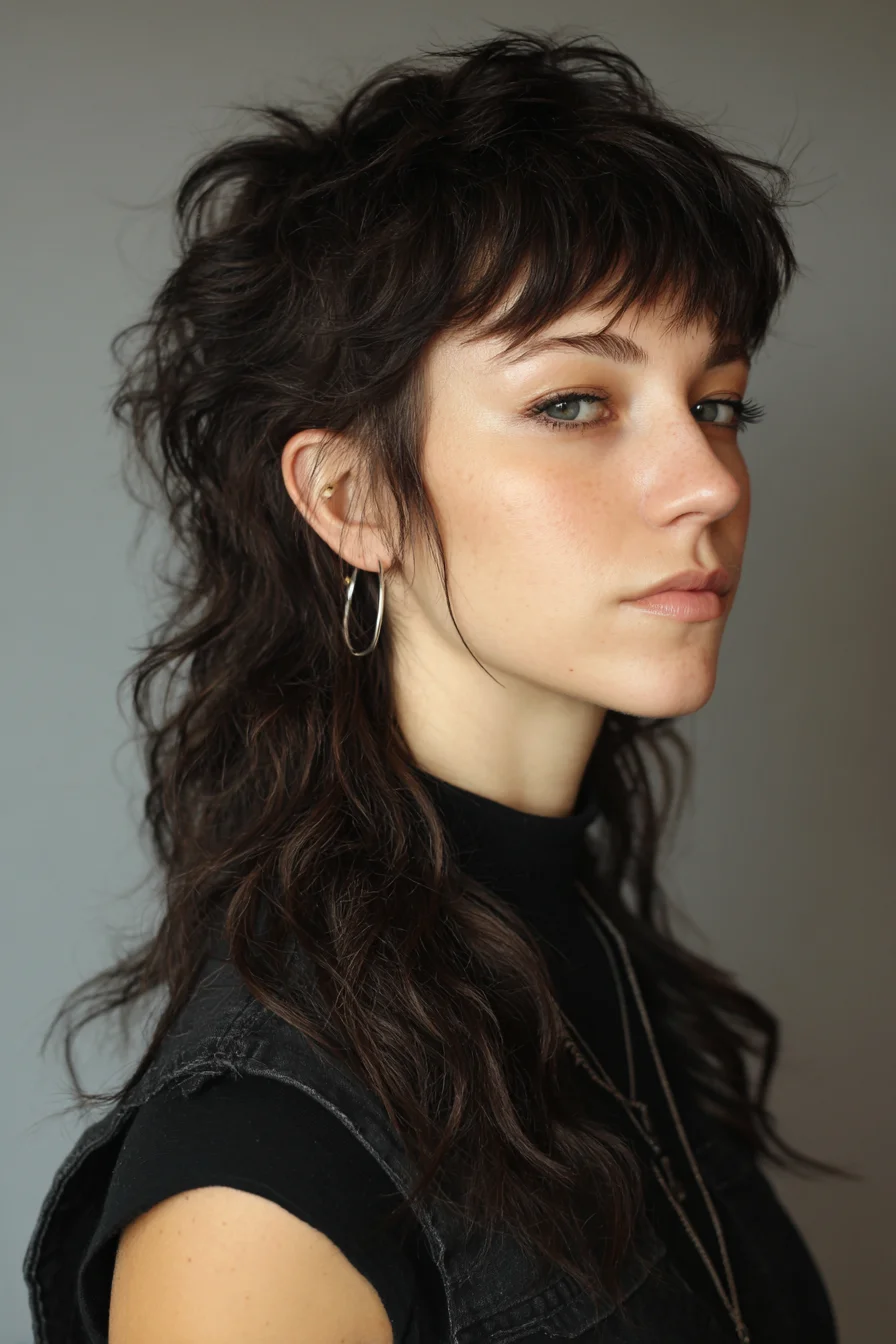 Textured Shag Mullet with Micro Bangs — Layered, Wavy, Tousled Finish