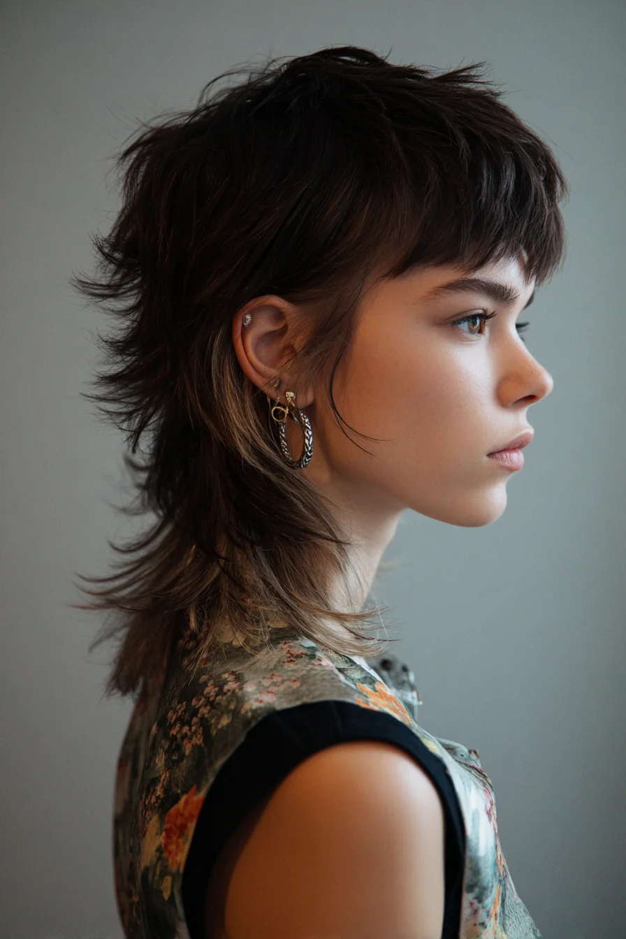 Textured Shag Mullet with Short Micro Bangs — Layered Short-to-Medium Cut