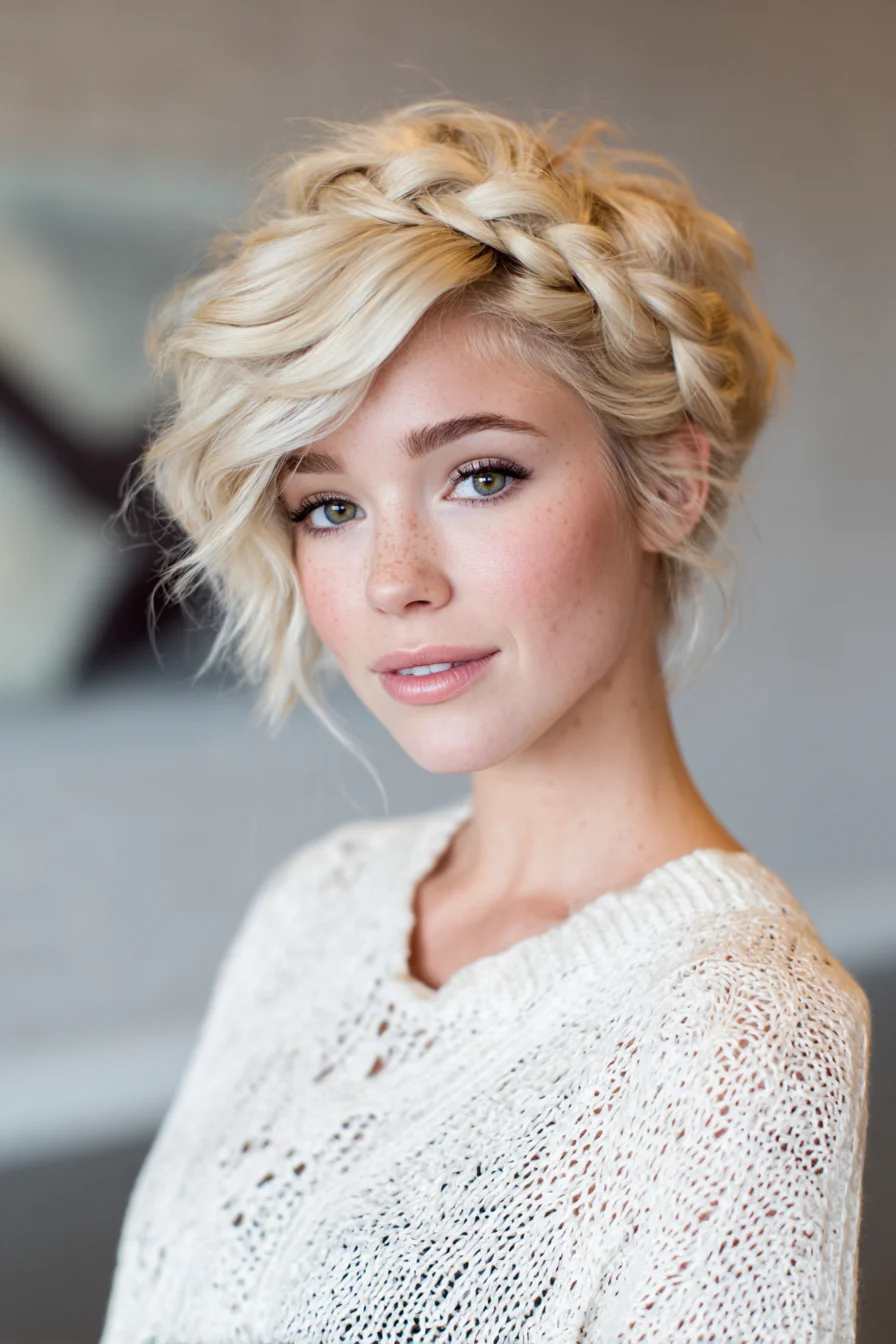 Textured Short Blonde Crown Braid with Side-Swept Waves
