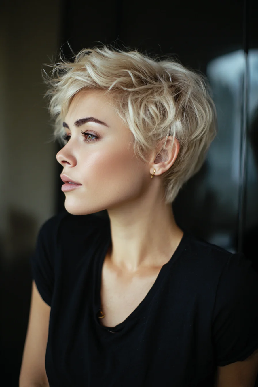 Textured Short Blonde Pixie with Tousled Layers and Side Fringe