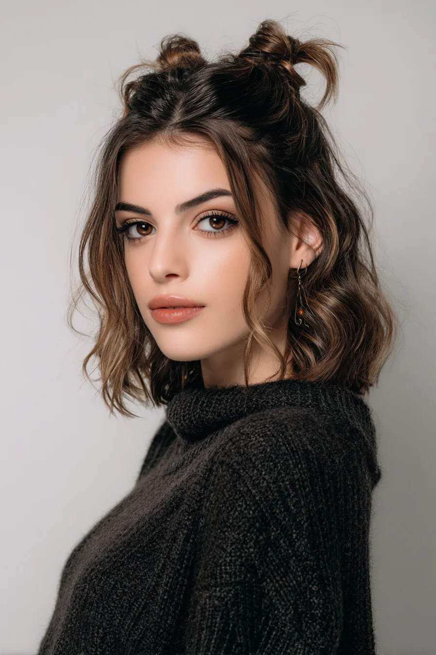 Textured Short Bob with Double Mini Buns and Face‑Framing Waves