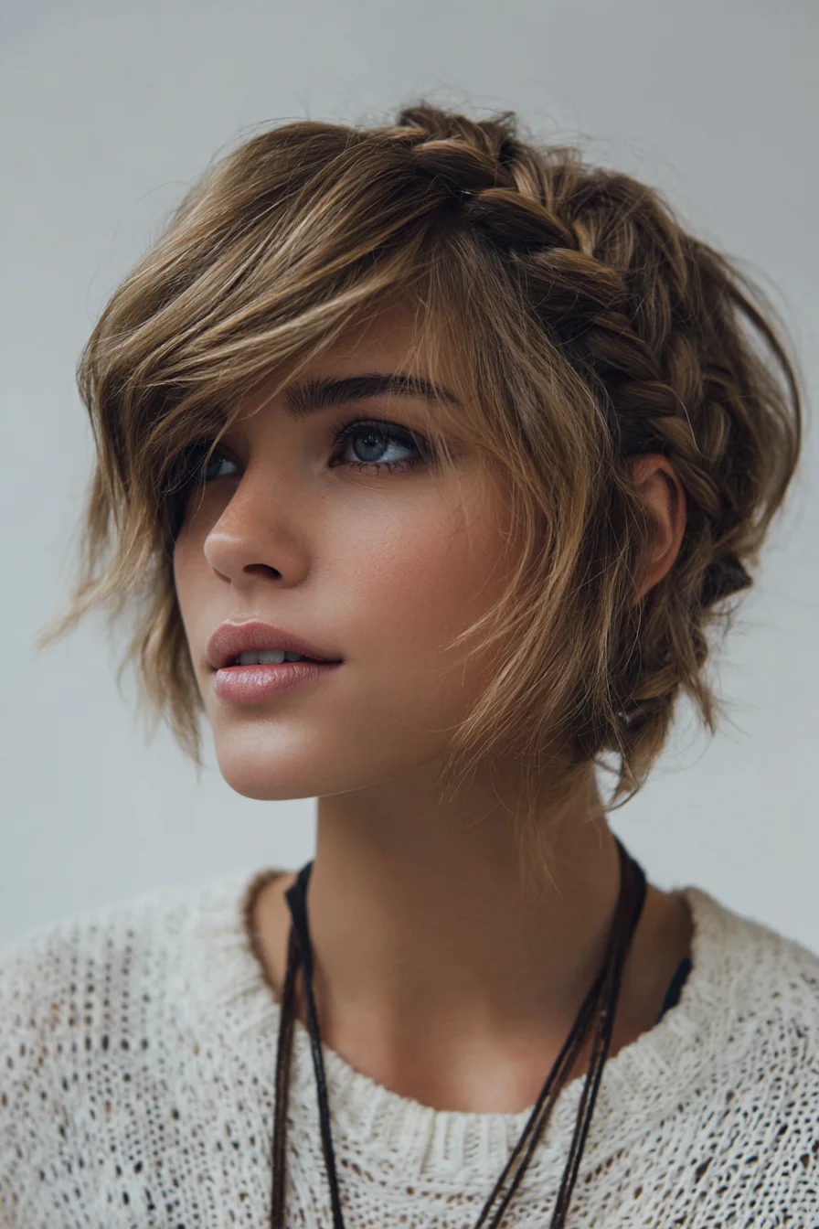 Textured Short Bob with Side Braided Crown and Curtain Bangs