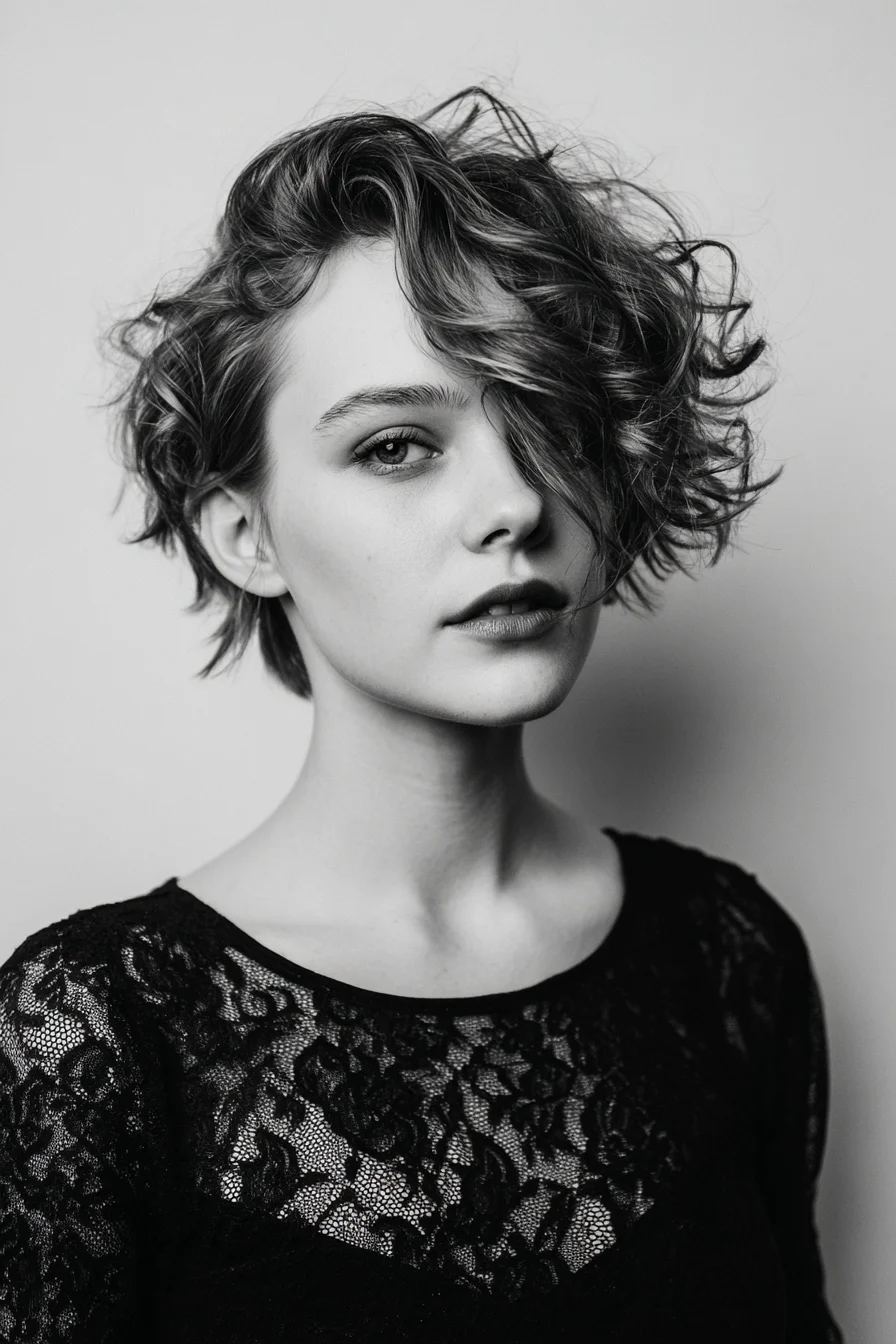 Textured Short Curly Bob with Deep Side Sweep