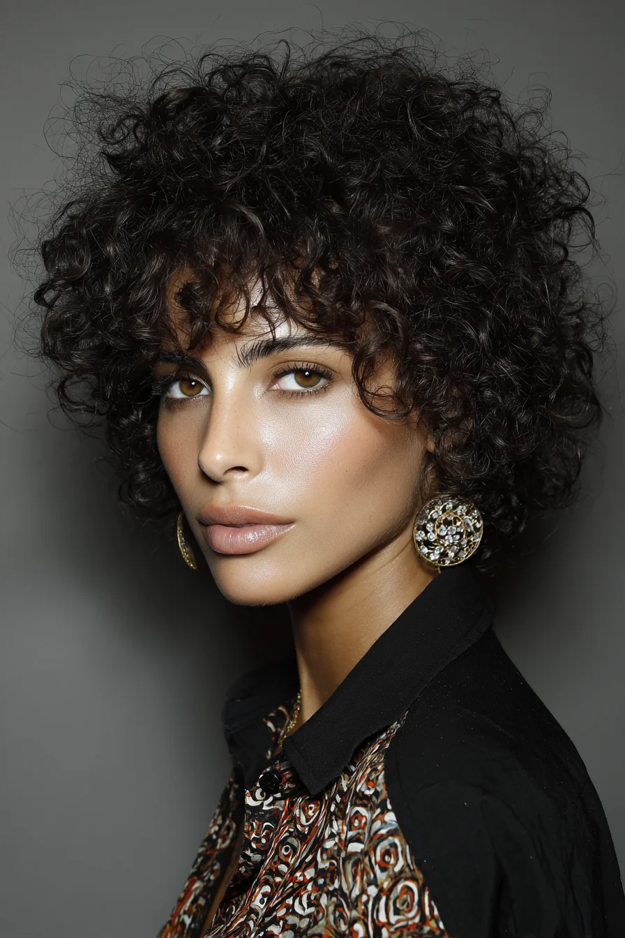 Textured Short Curly Bob with Micro Bangs — Voluminous Natural Curls